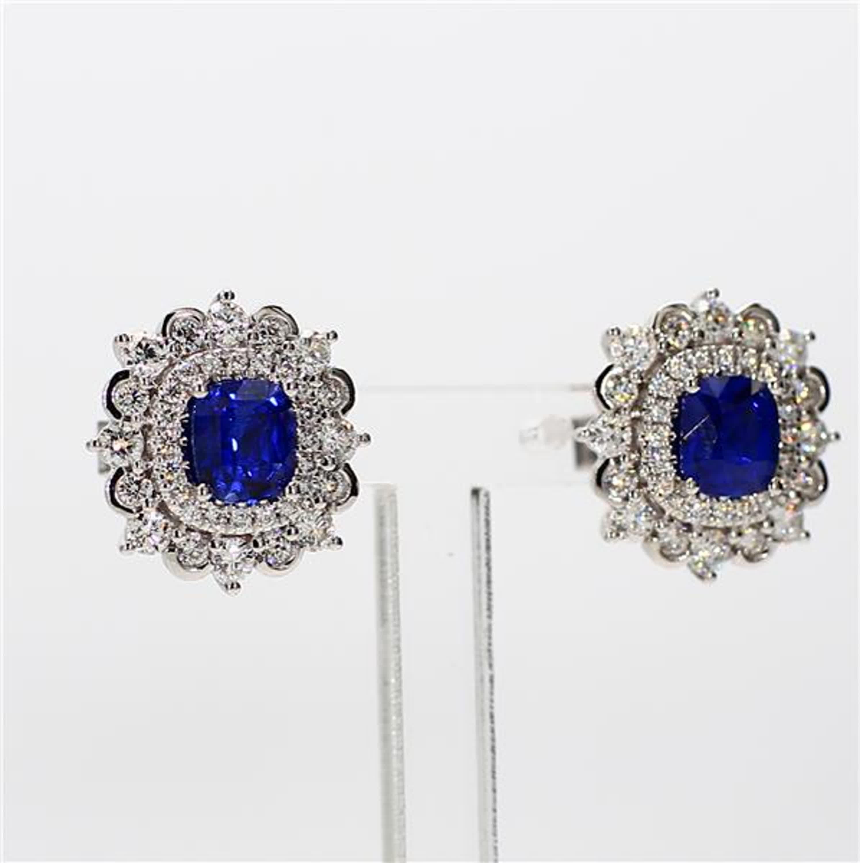 Natural Blue Cushion Sapphire and White Diamond 3.31 Carat TW Gold Stud Earrings For Sale 1