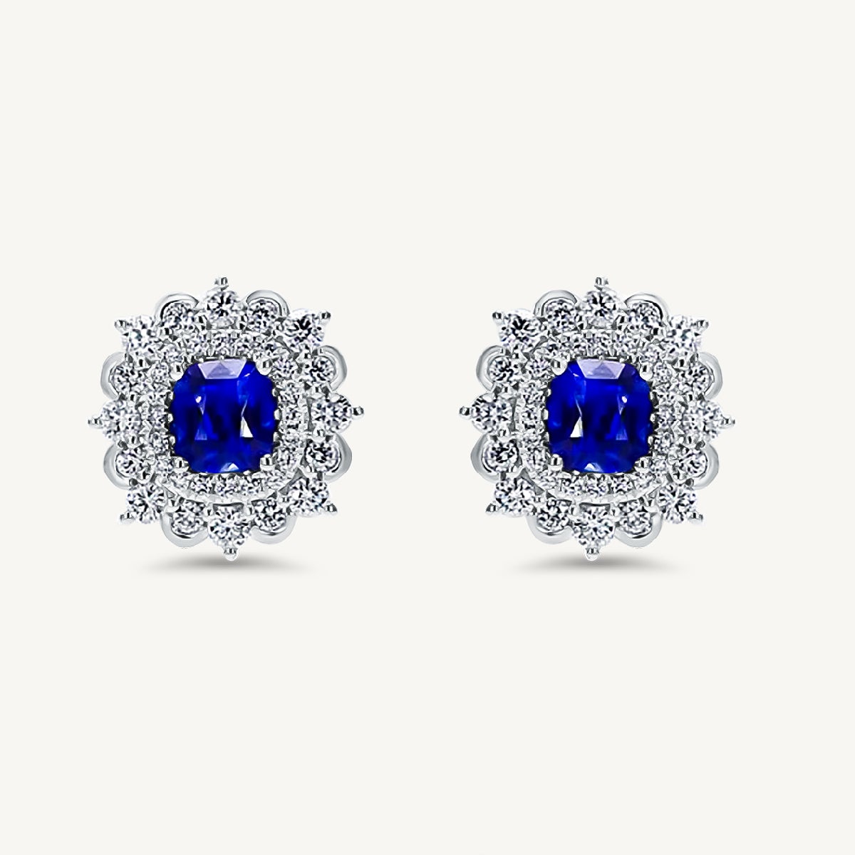 Natural Blue Cushion Sapphire and White Diamond 3.31 Carat TW Gold Stud Earrings For Sale