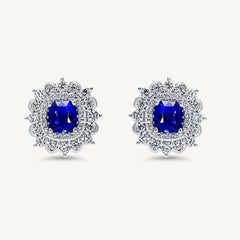 Natural Blue Cushion Sapphire and White Diamond 3.31 Carat TW Gold Stud Earrings