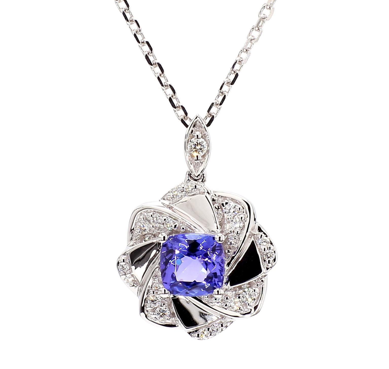 Contemporaneo Ciondolo a goccia in oro con tanzanite blu naturale a cuscino e diamante bianco da 1,21 carati TW in vendita