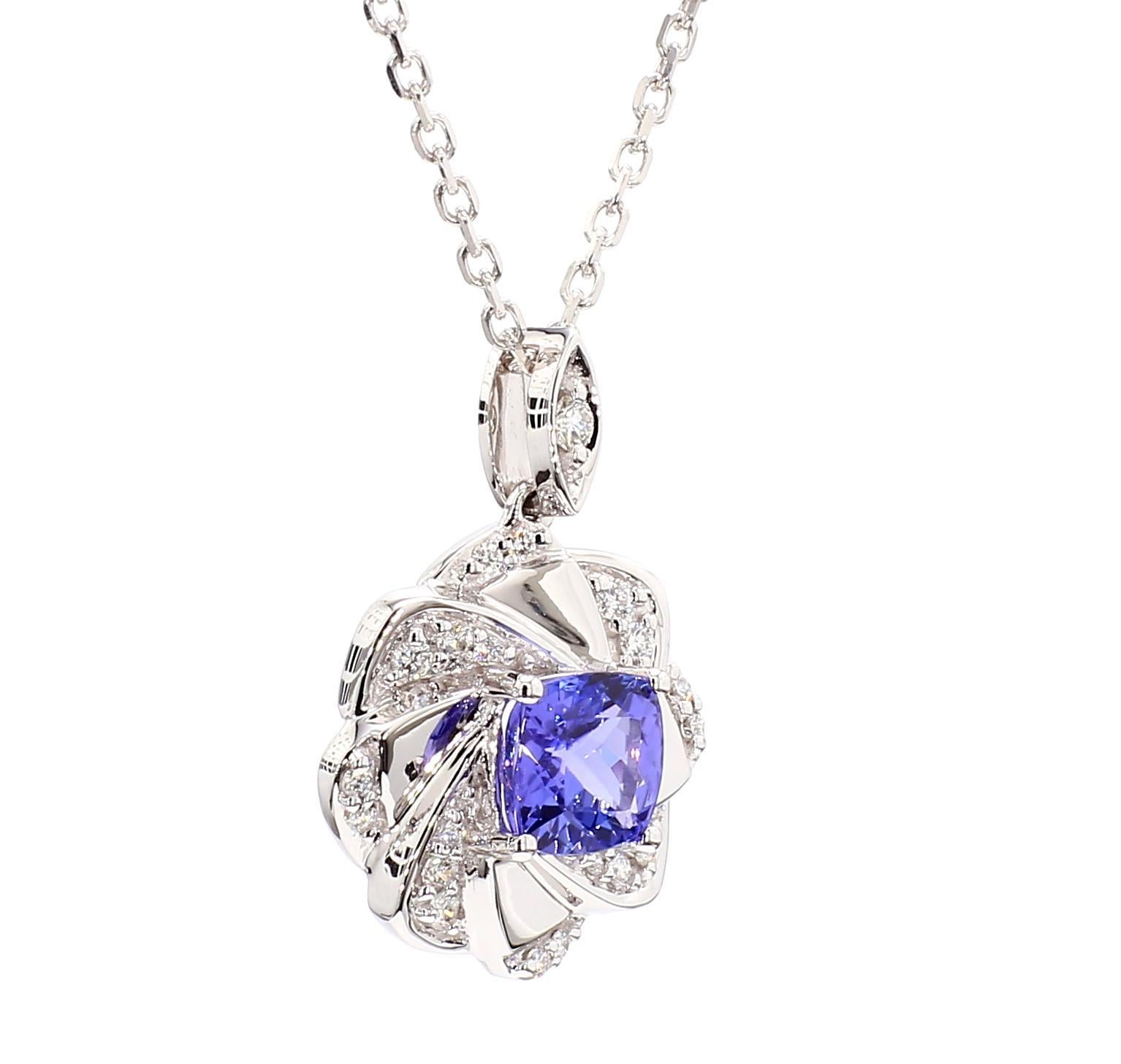 Taglio cuscino Ciondolo a goccia in oro con tanzanite blu naturale a cuscino e diamante bianco da 1,21 carati TW in vendita