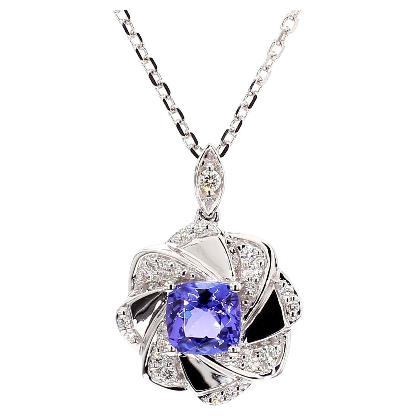 Pendentif en or avec tanzanite bleue naturelle coussin et diamant blanc de 1,21 carat poids total