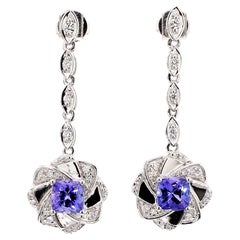 Natural Blue Cushion Tanzanite and White Diamond 1.63 Carat TW Gold Earrings