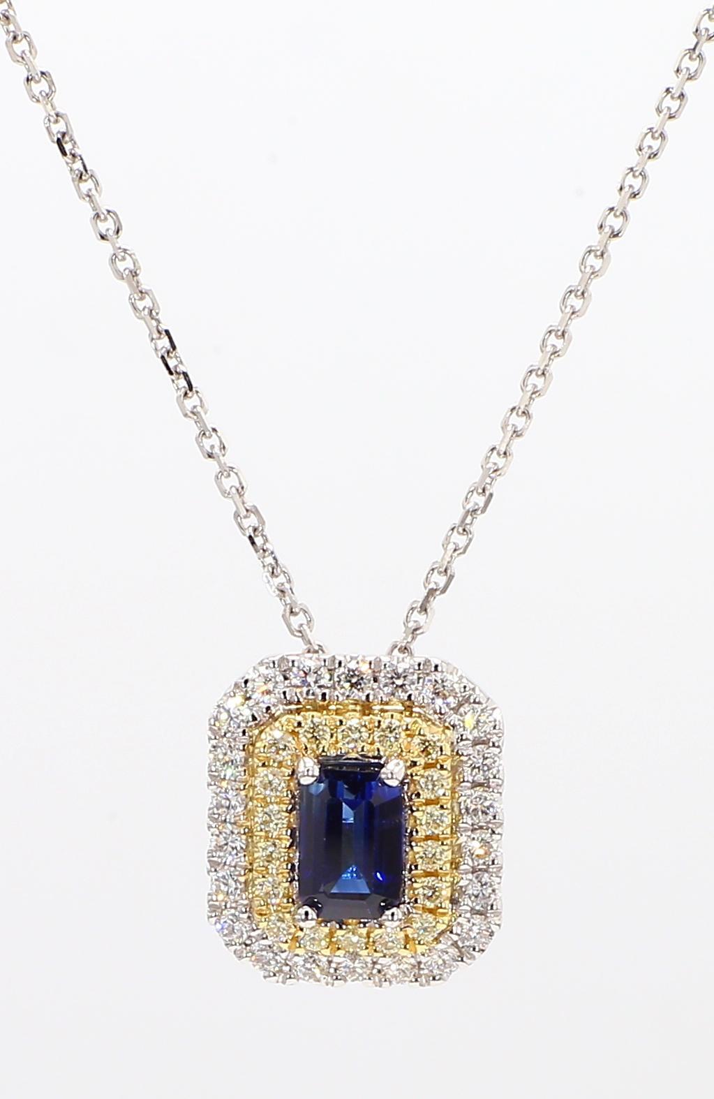 Contemporary Natural Blue Emerald Cut Sapphire and Diamond 1.05 Carat TW Drop Pendant For Sale