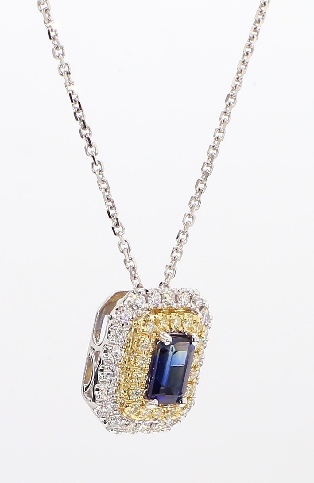 Natural Blue Emerald Cut Sapphire and Diamond 1.05 Carat TW Drop Pendant In New Condition For Sale In New York, NY