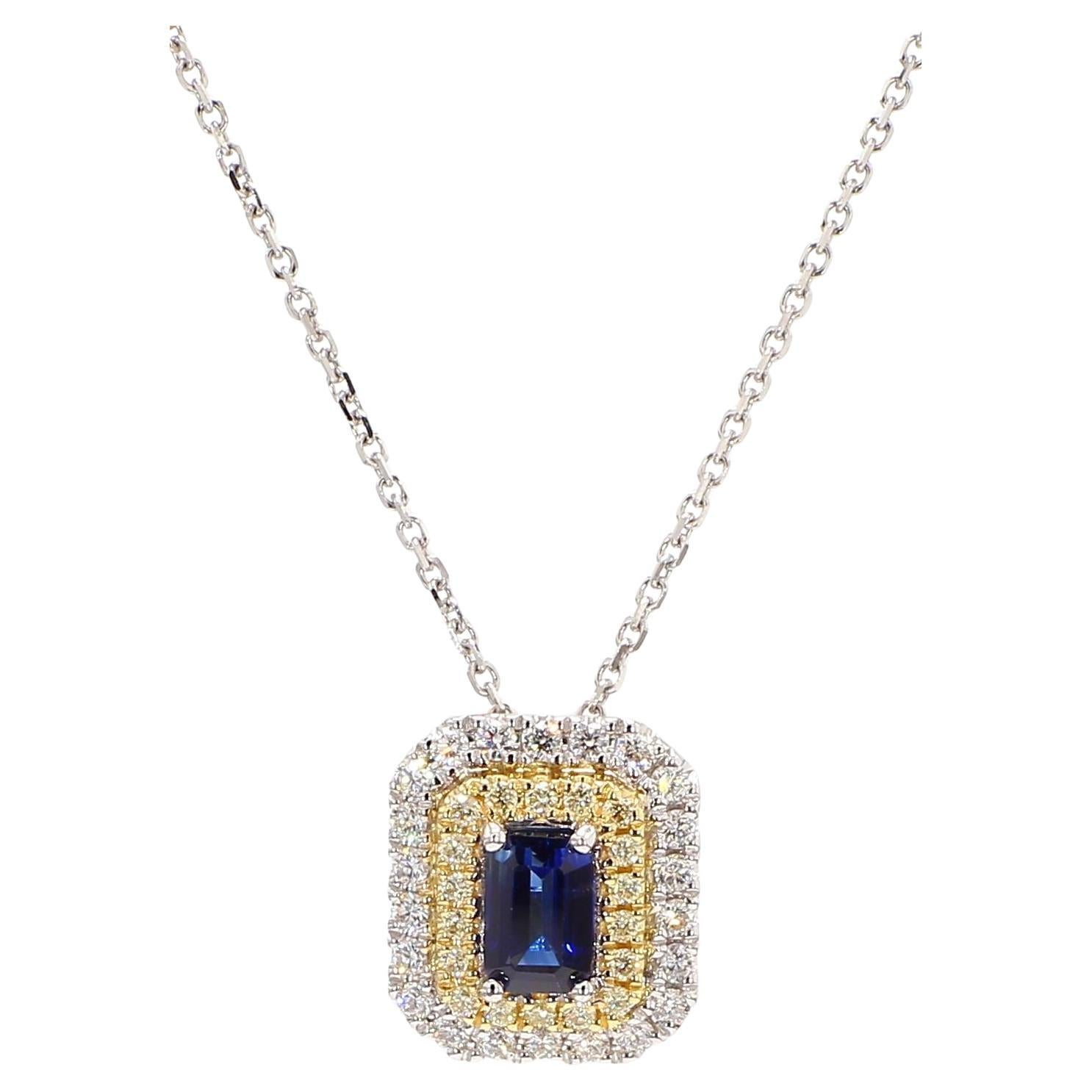 Natural Blue Emerald Cut Sapphire and Diamond 1.05 Carat TW Drop Pendant For Sale