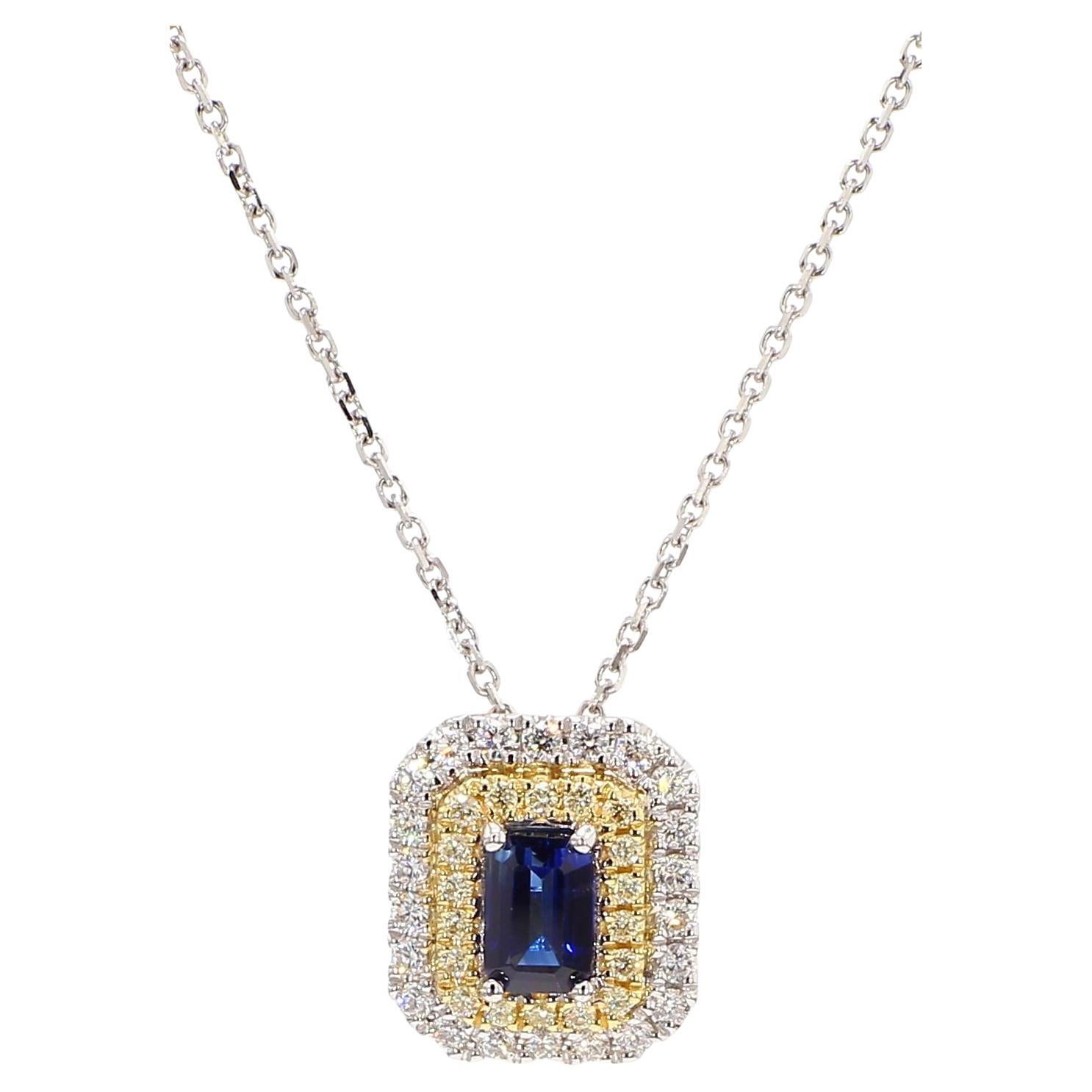 Natural Blue Emerald Cut Sapphire and Diamond 1.05 Carat TW Drop Pendant