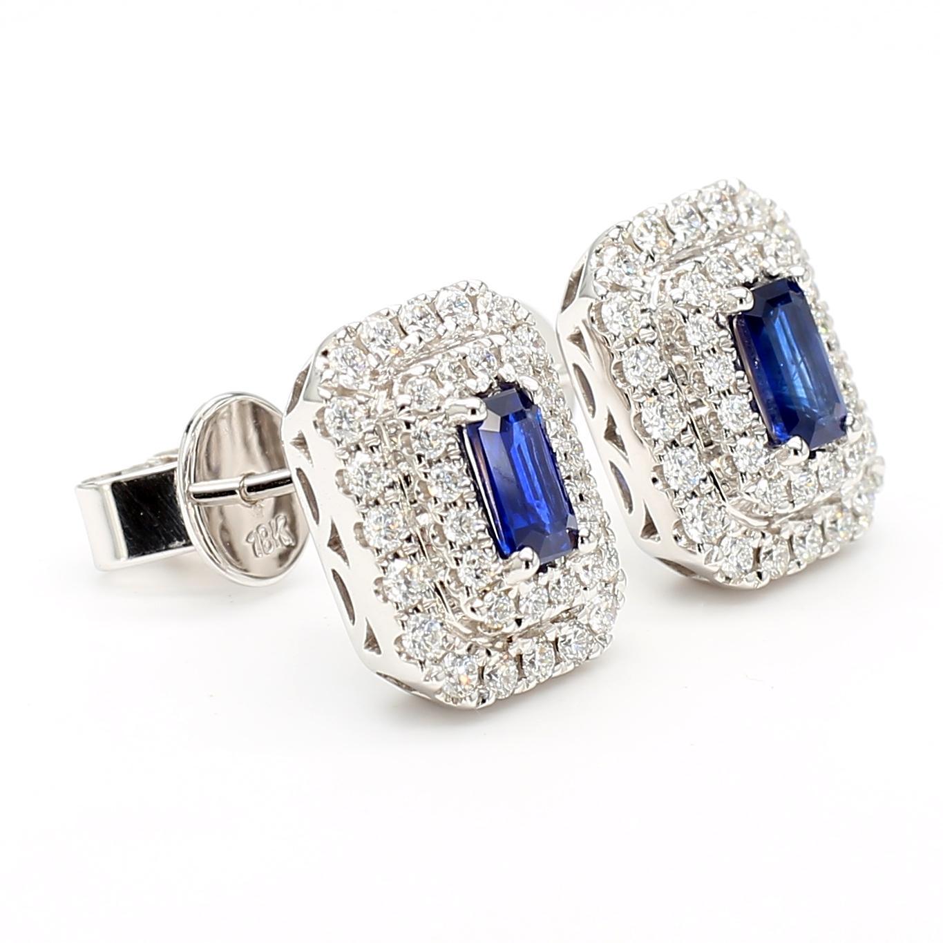 Taglio smeraldo Orecchini in oro con zaffiro blu naturale taglio smeraldo e diamante da 1.21 carati TW in vendita