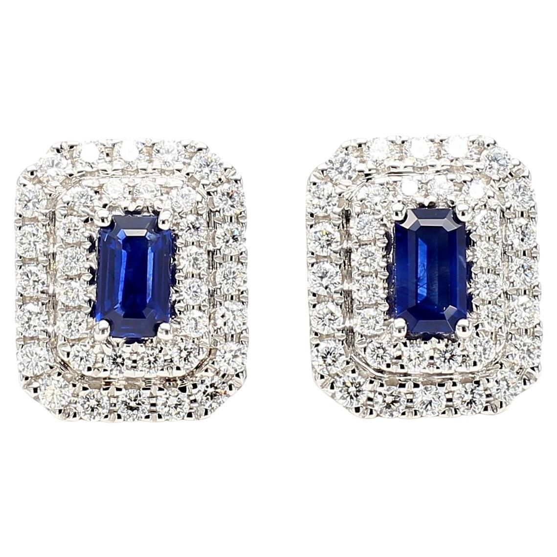 Natural Blue Emerald Cut Sapphire and Diamond 1.21 Carat TW Gold Earrings