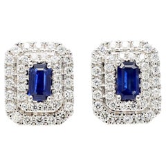 Natural Blue Emerald Cut Sapphire and Diamond 1.21 Carat TW Gold Earrings