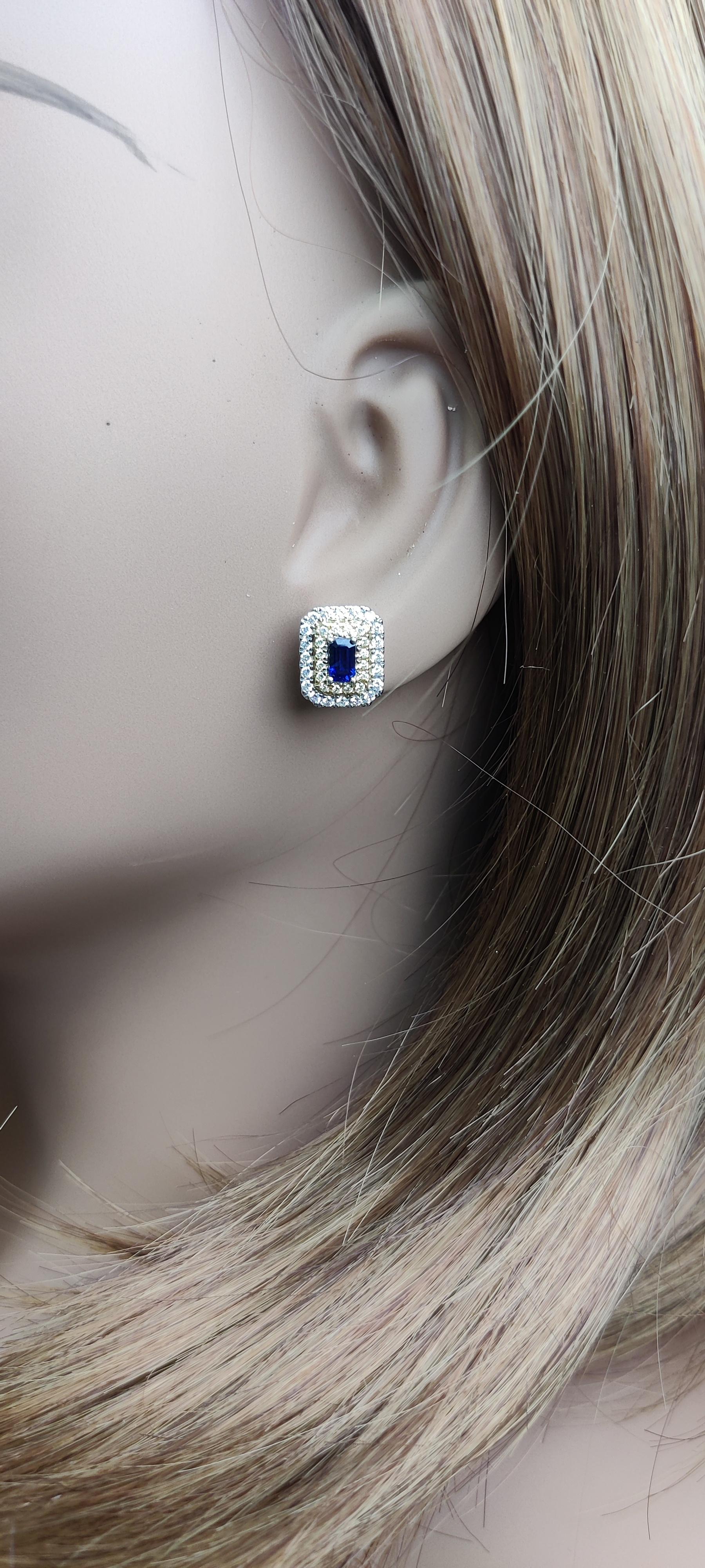 Natural Blue Emerald Cut Sapphire and White Diamond 1.34 Carat TW Gold Earrings For Sale 2