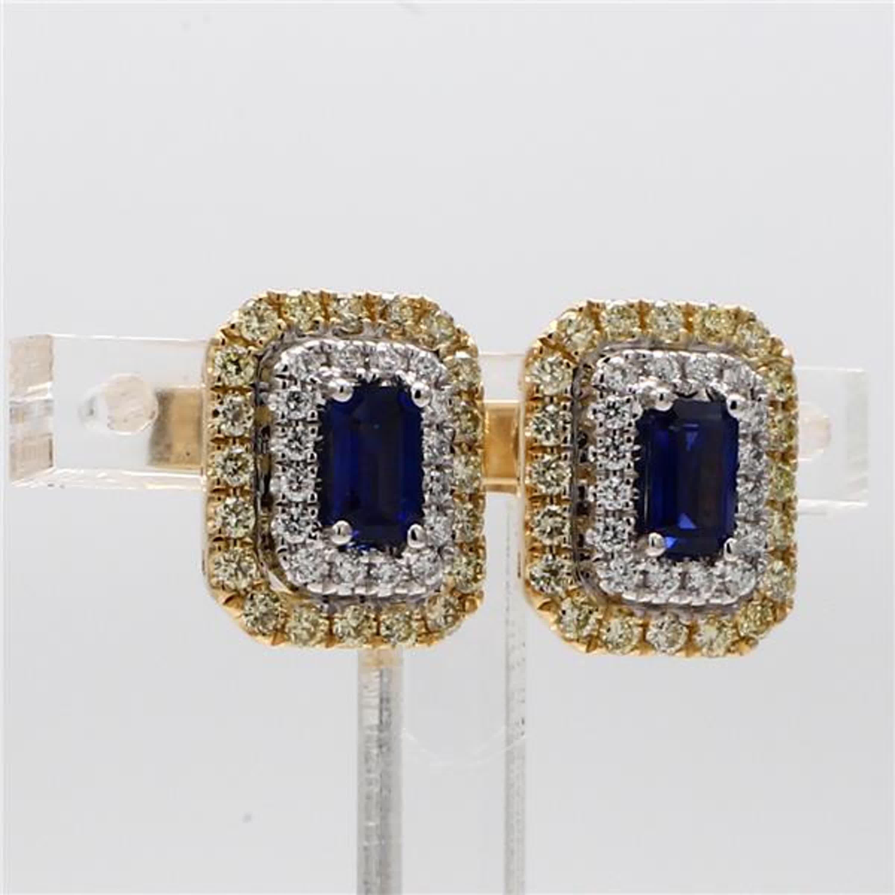 Women's Natural Blue Emerald Cut Sapphire and Yellow Diamond 1.43 Carat TW Gold Earrings For Sale