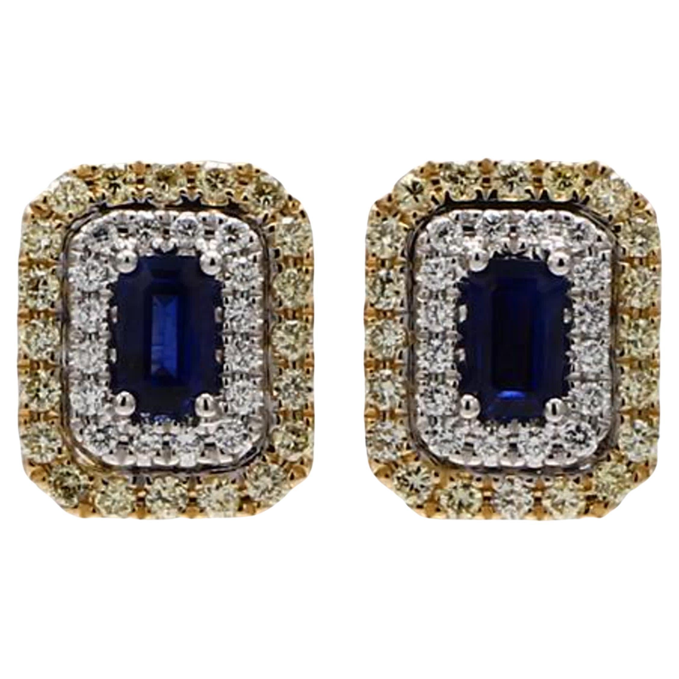 Natural Blue Emerald Cut Sapphire and Yellow Diamond 1.43 Carat TW Gold Earrings For Sale