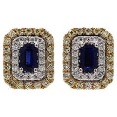 Boucles d'oreilles en or 1,43 carat avec saphirs bleus naturels taille émeraude et diamants jaunes