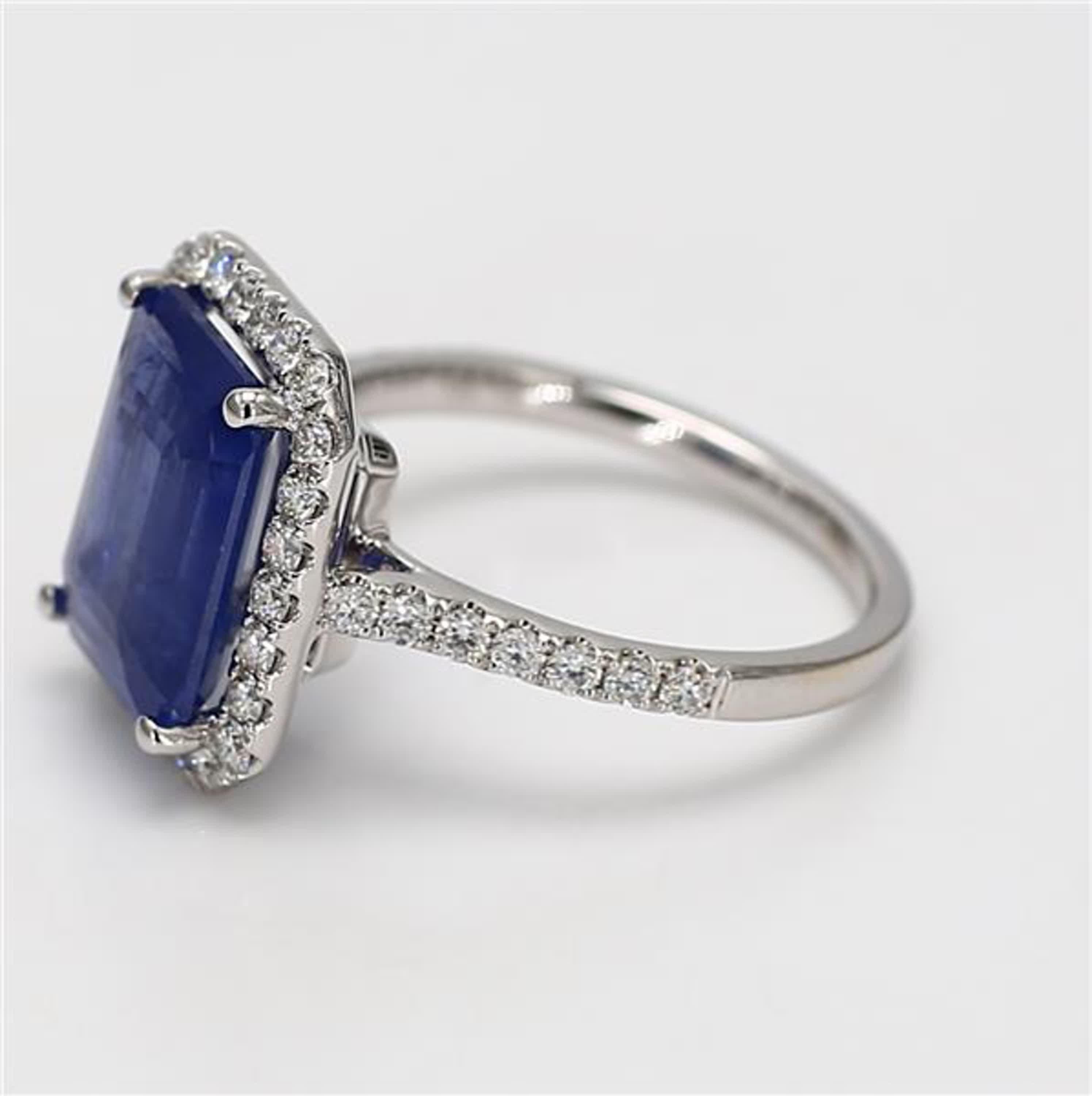 Emerald Cut Natural Blue Emerald Sapphire and White Diamond 5.89 Carat TW Gold Cocktail Ring For Sale
