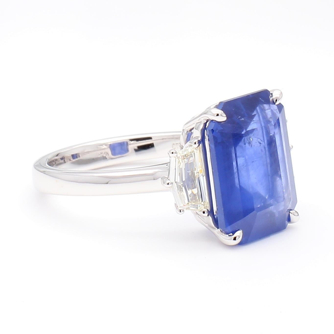 Emerald Cut Natural Blue Emerald Sapphire and White Diamond 6.99 Carat TW Gold Cocktail Ring For Sale