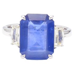 Anillo de cóctel de oro con zafiro esmeralda azul natural y diamante blanco de 6.99 quilates TW