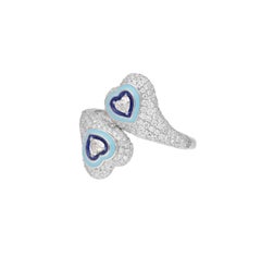 Natural Blue Enamel Heart Diamond Ring in 18k Gold