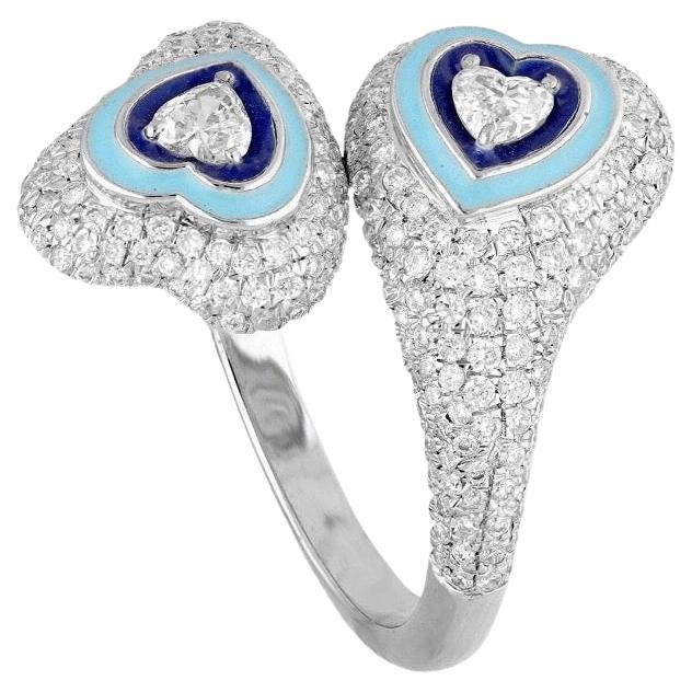 Natural Blue Enamel Heart Diamond Ring in 18k Gold