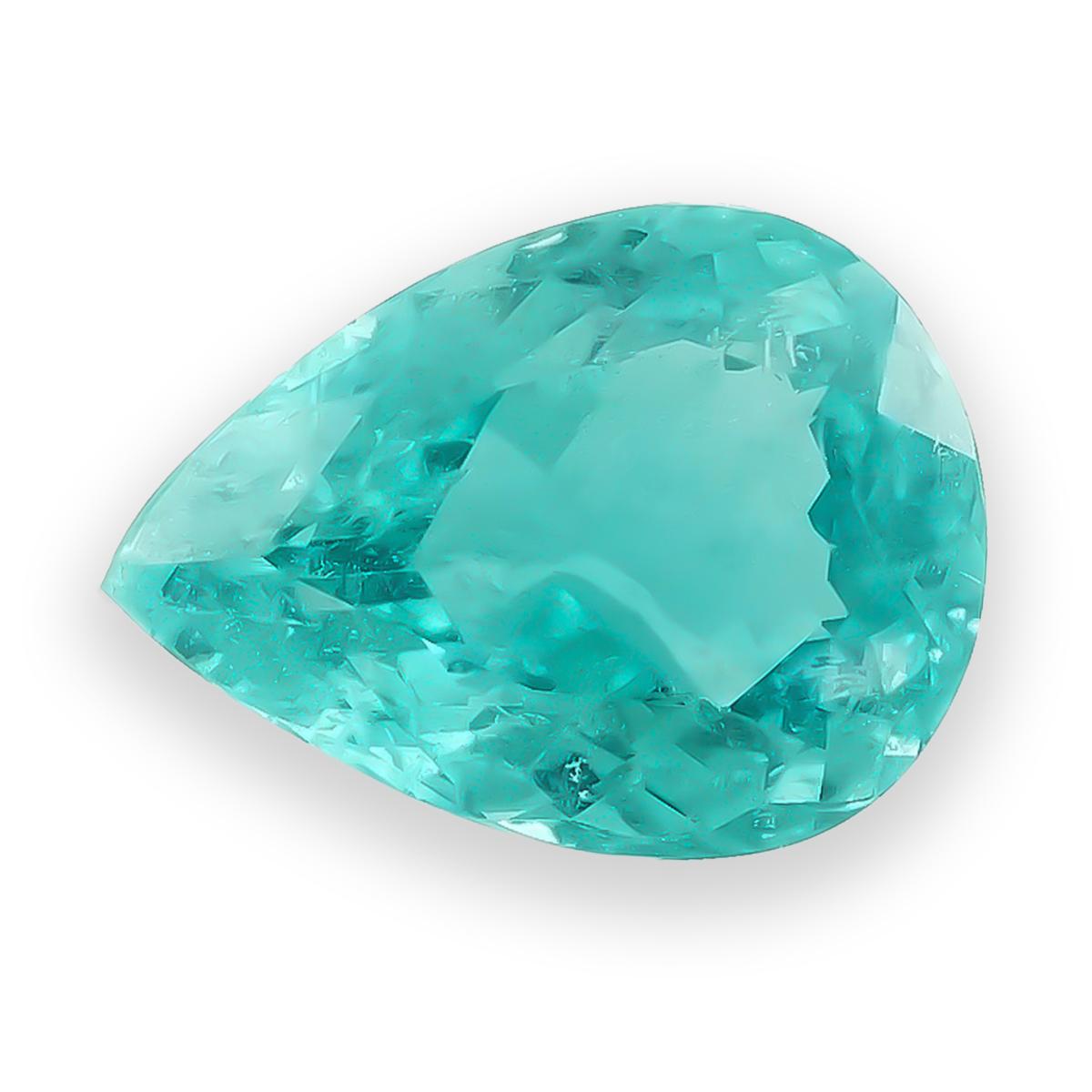 Discover the captivating glow of this natural blue-green Paraiba tourmaline, weighing 1.56 carats. Its vivid blue-green color, paired with a graceful pear shape and exceptional brilliance, makes it a standout gem for elegant jewelry or discerning