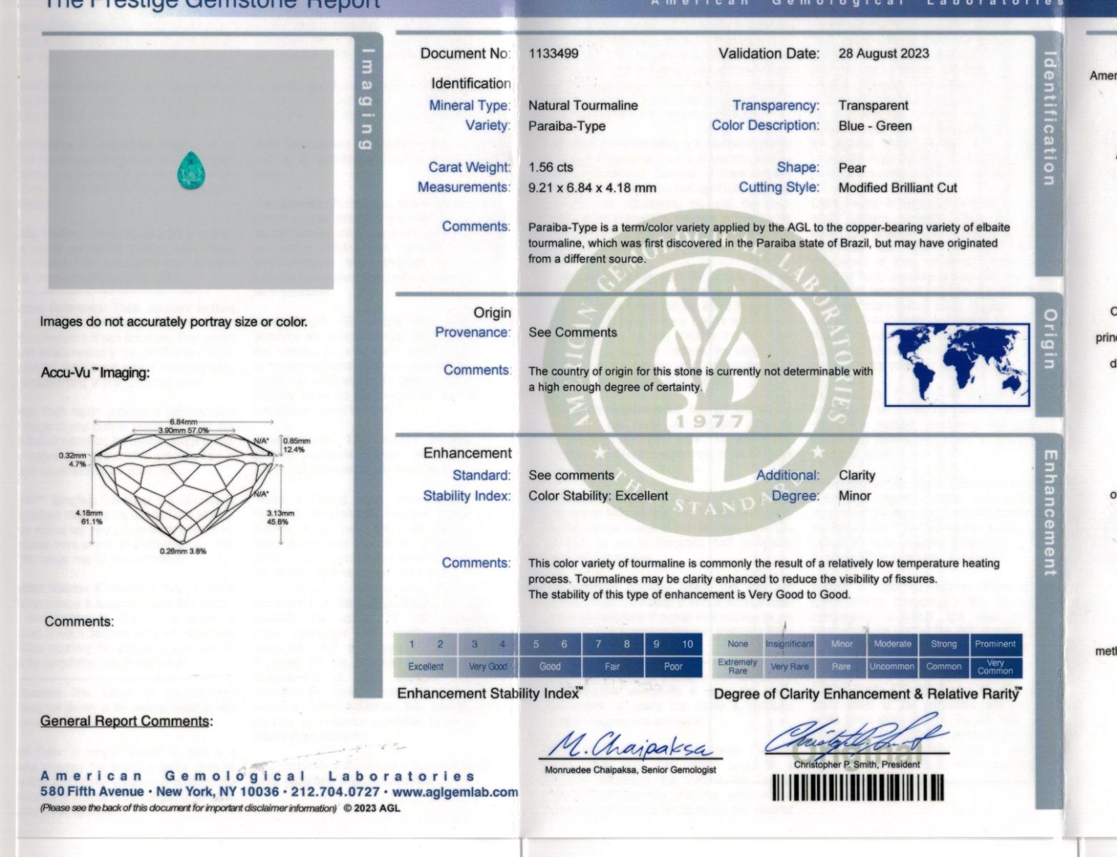 Brilliant Cut Natural Blue Green Paraiba Tourmaline Gemstone 1.56 carats with AGL Report For Sale