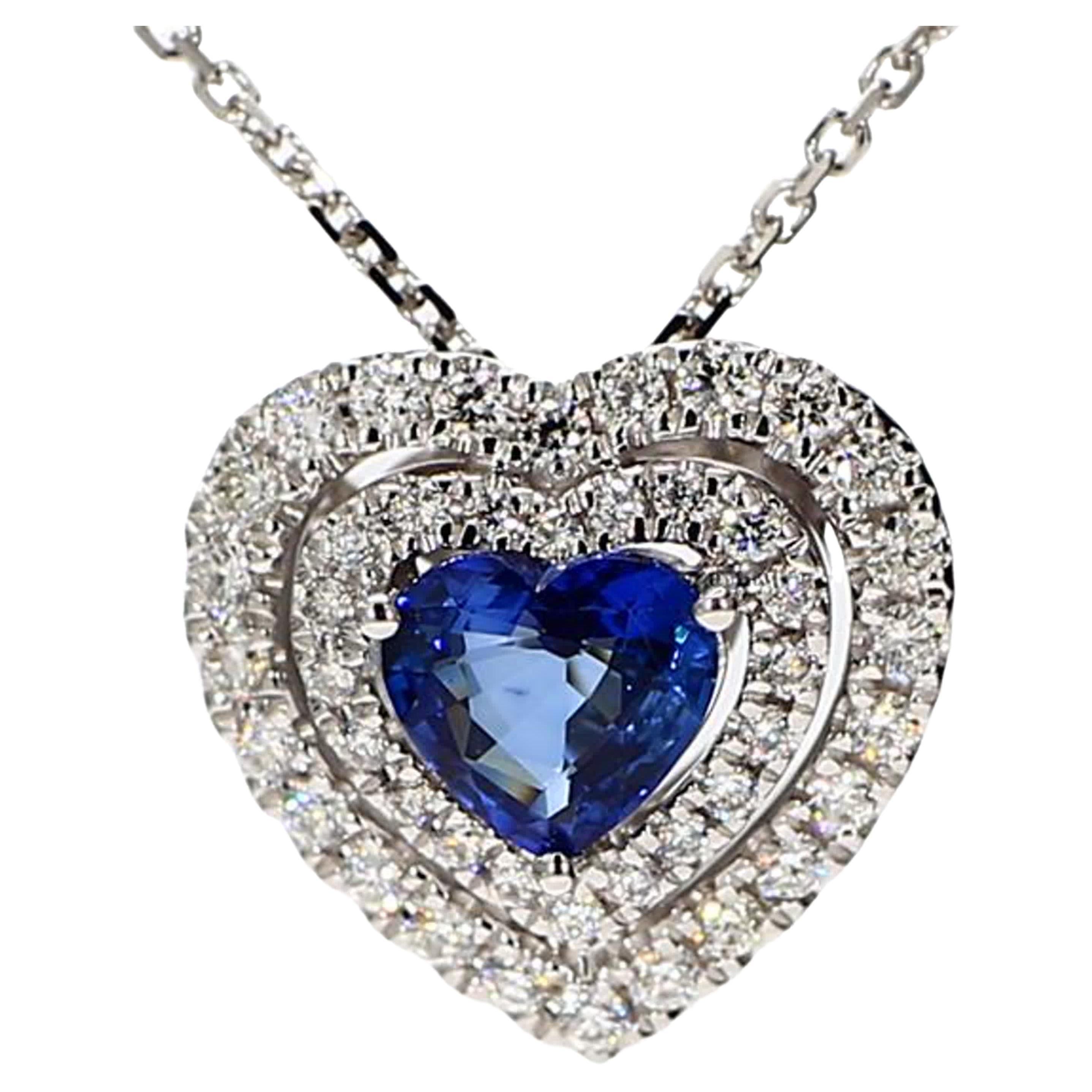 Natural Blue Heart Sapphire and White Diamond 1.50 Carat TW White Gold Pendant For Sale