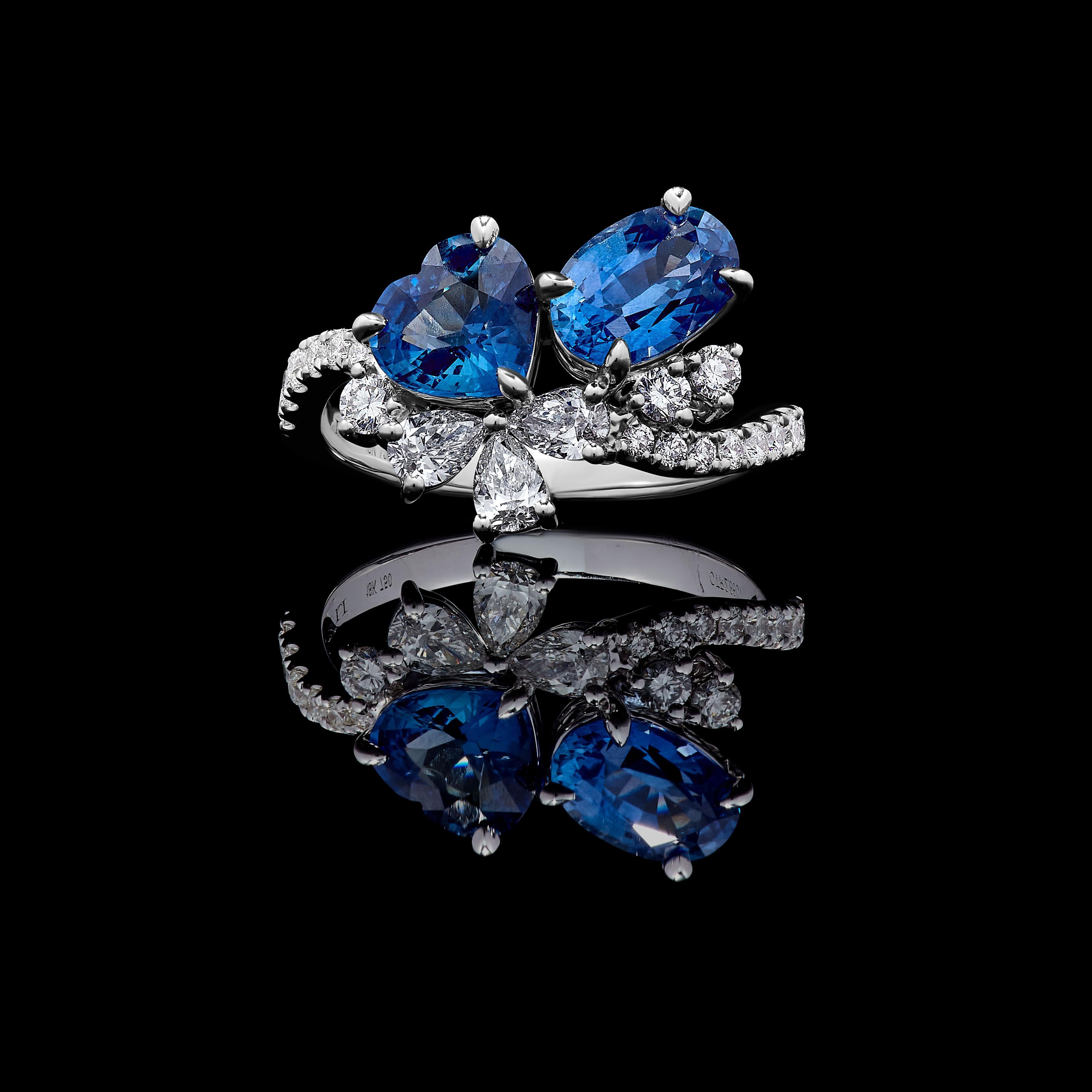 Contemporary Natural Blue Heart Sapphire and White Diamond 3.22 Carat TW Gold Cocktail Ring For Sale