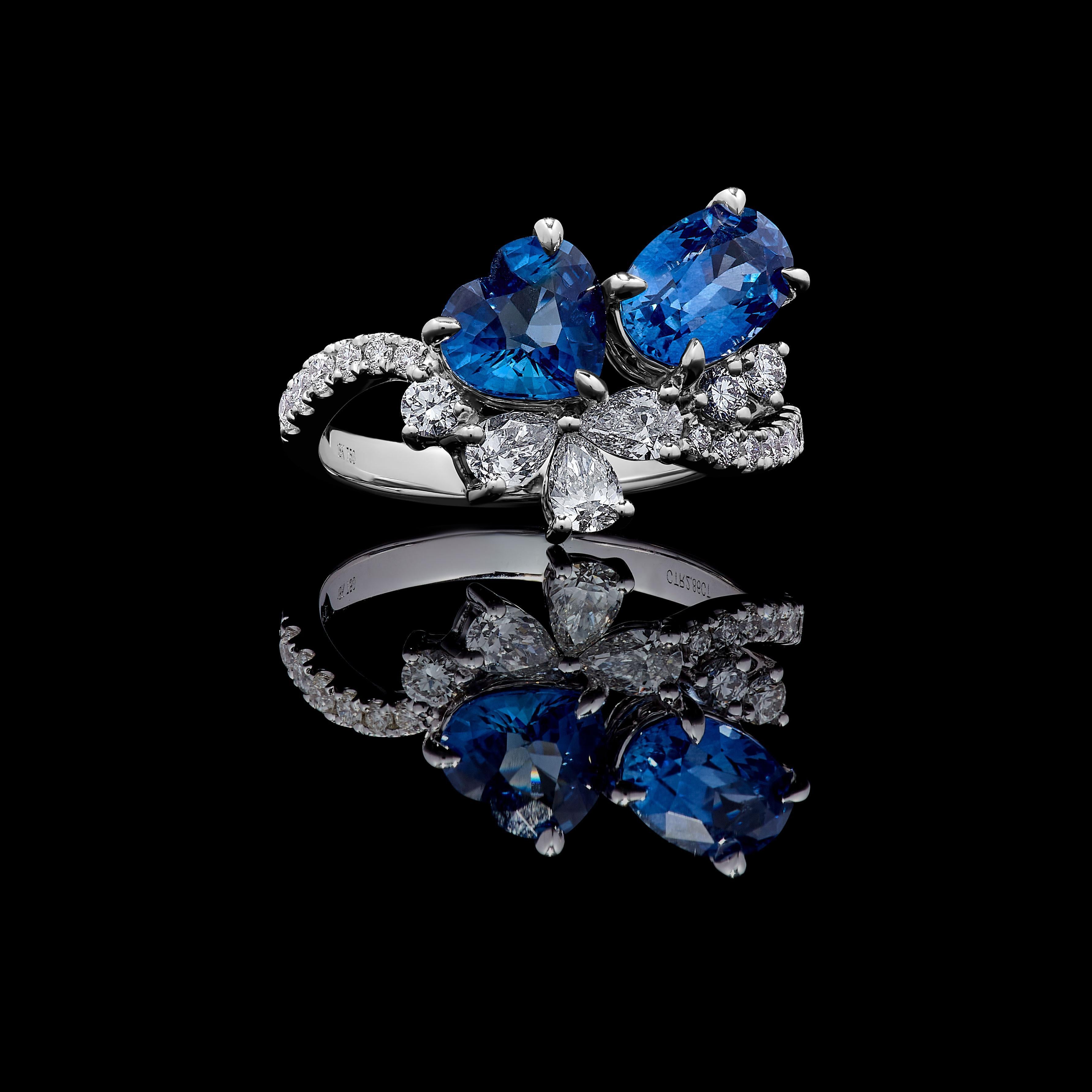 Heart Cut Natural Blue Heart Sapphire and White Diamond 3.22 Carat TW Gold Cocktail Ring For Sale