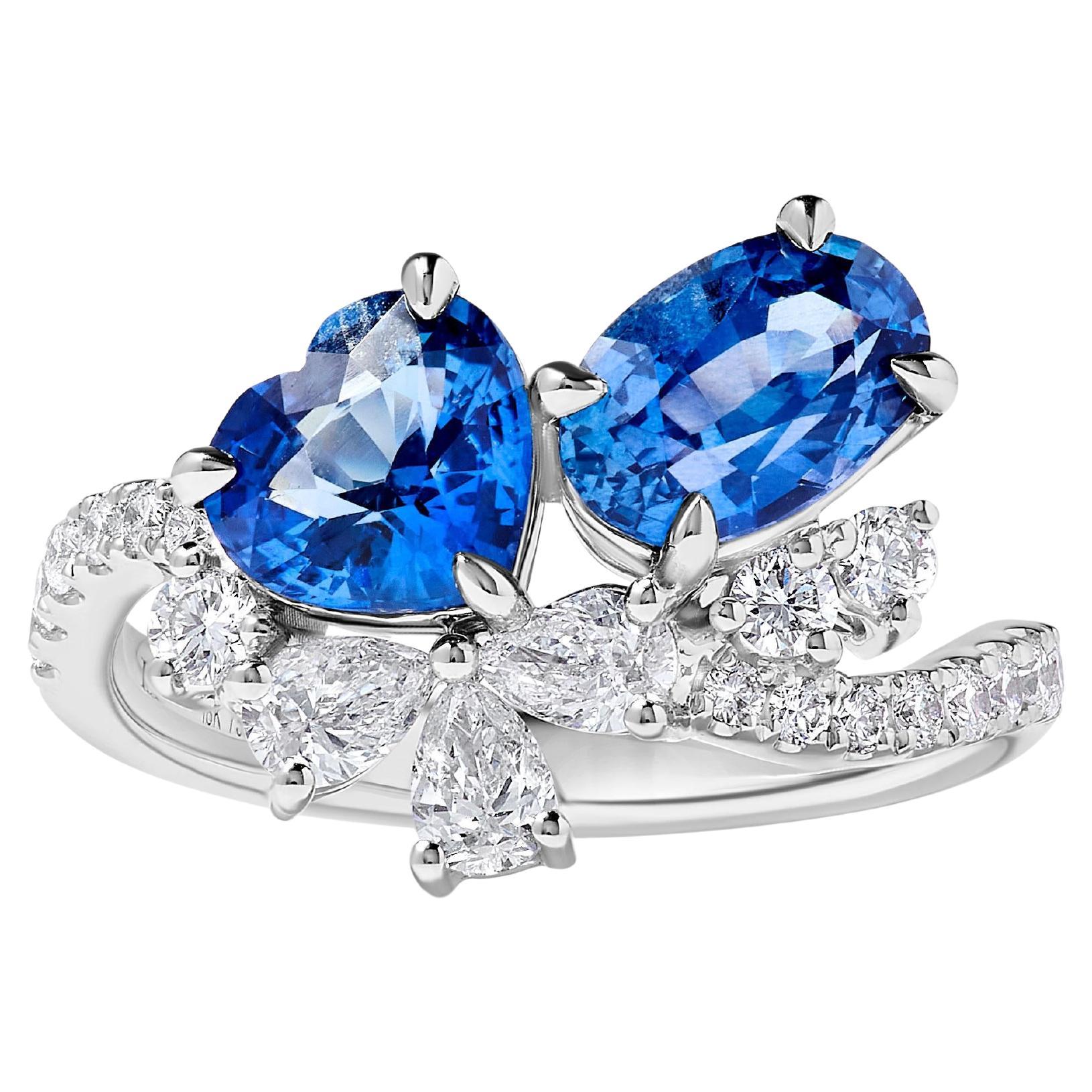 Natural Blue Heart Sapphire and White Diamond 3.22 Carat TW Gold Cocktail Ring For Sale