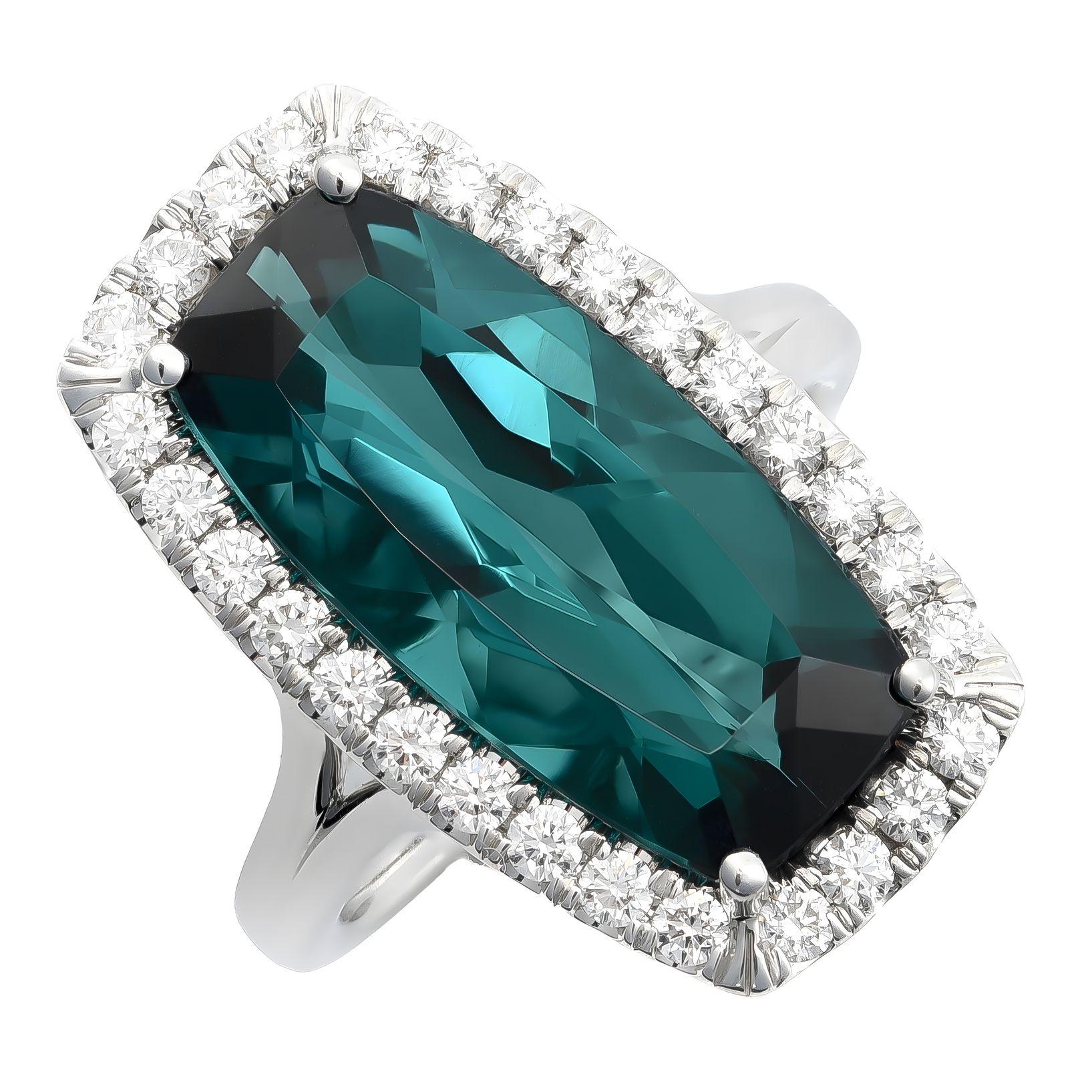 Natural Blue Indicolite Tourmaline Stone 8.27 cts in 18K White Gold Ring w Dia In New Condition For Sale In Los Angeles, CA
