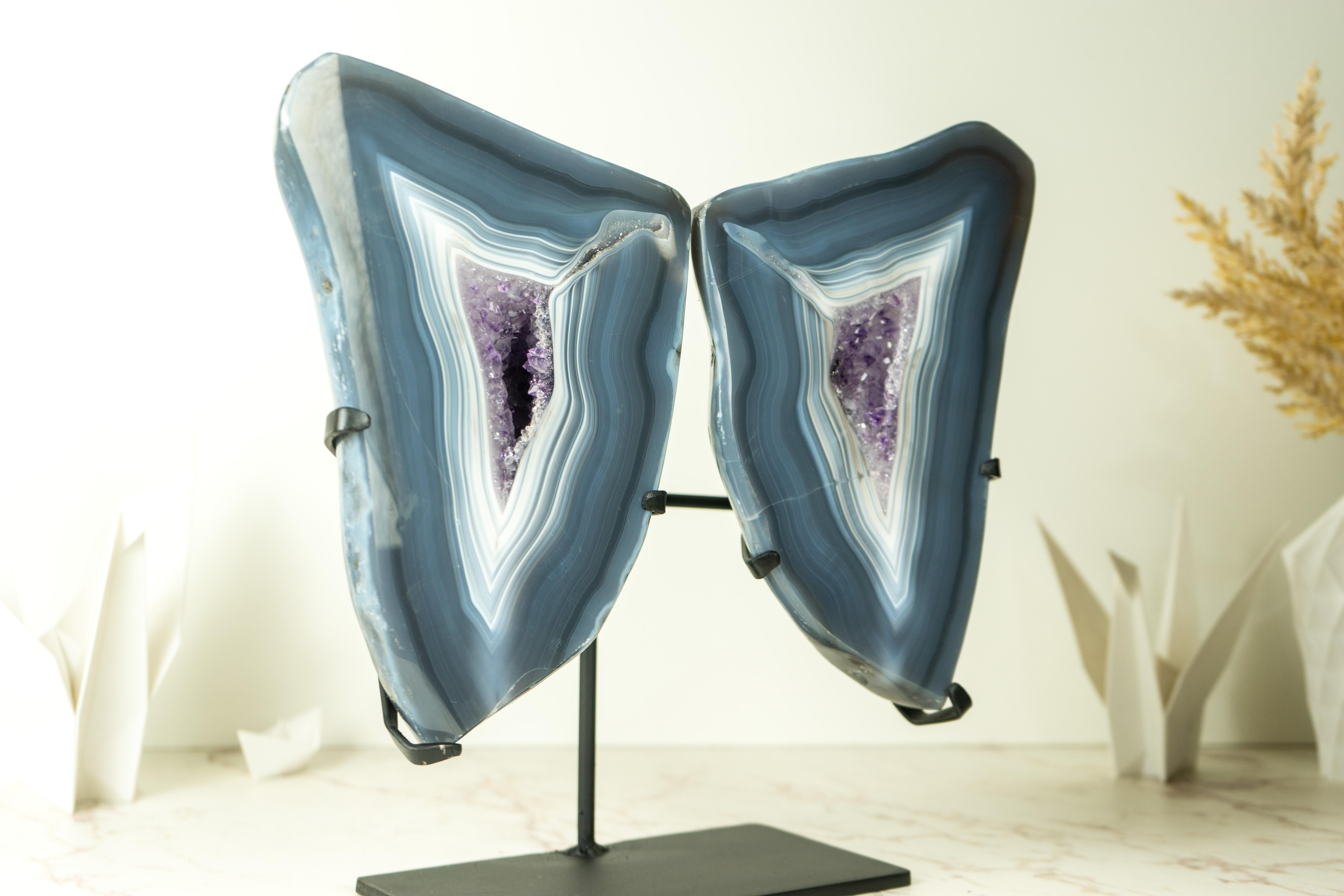 Brazilian Natural Blue Lace Agate Geode Butterfly Wings with Amethyst and Landscaped Back For Sale