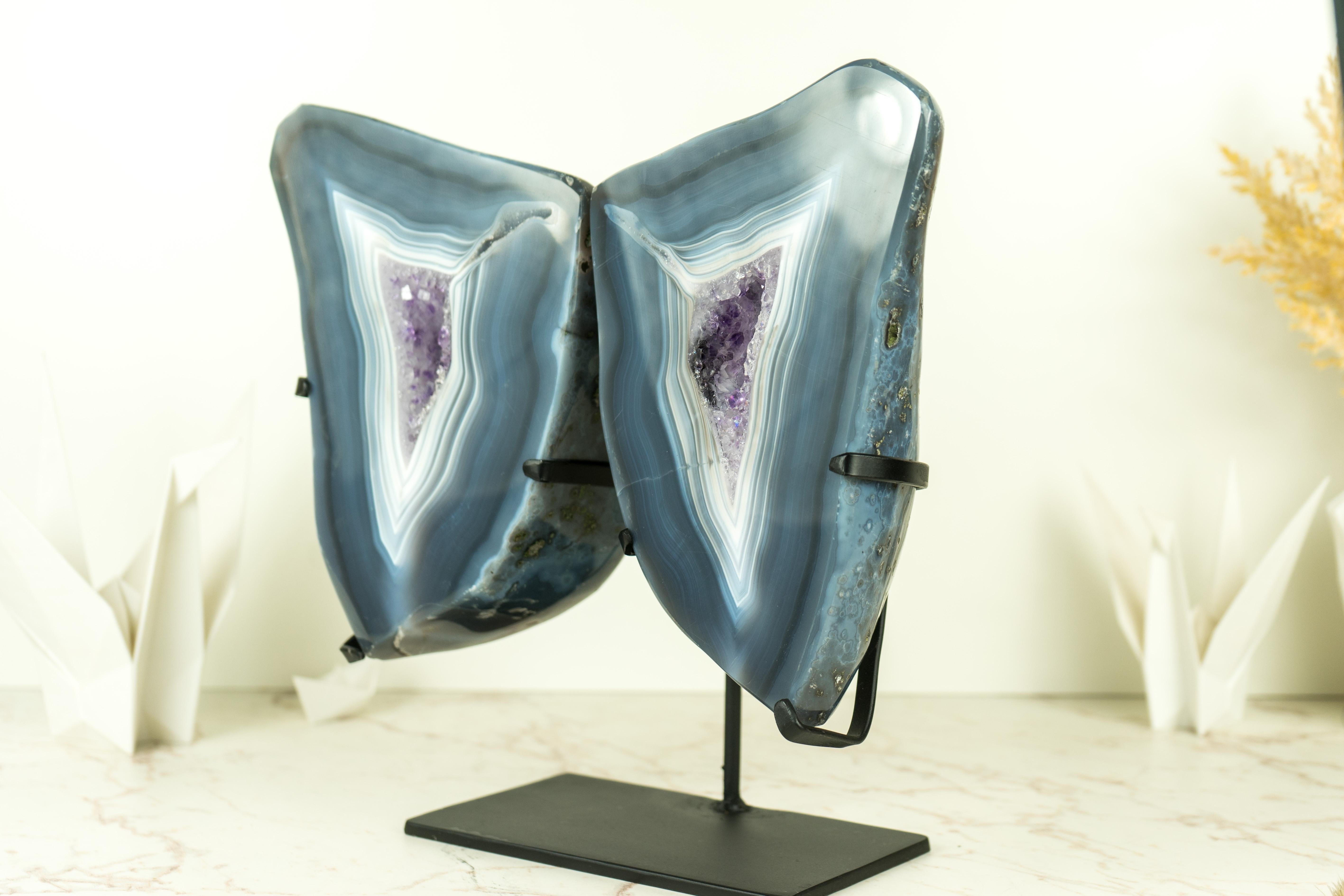Contemporary Natural Blue Lace Agate Geode Butterfly Wings with Amethyst and Landscaped Back For Sale