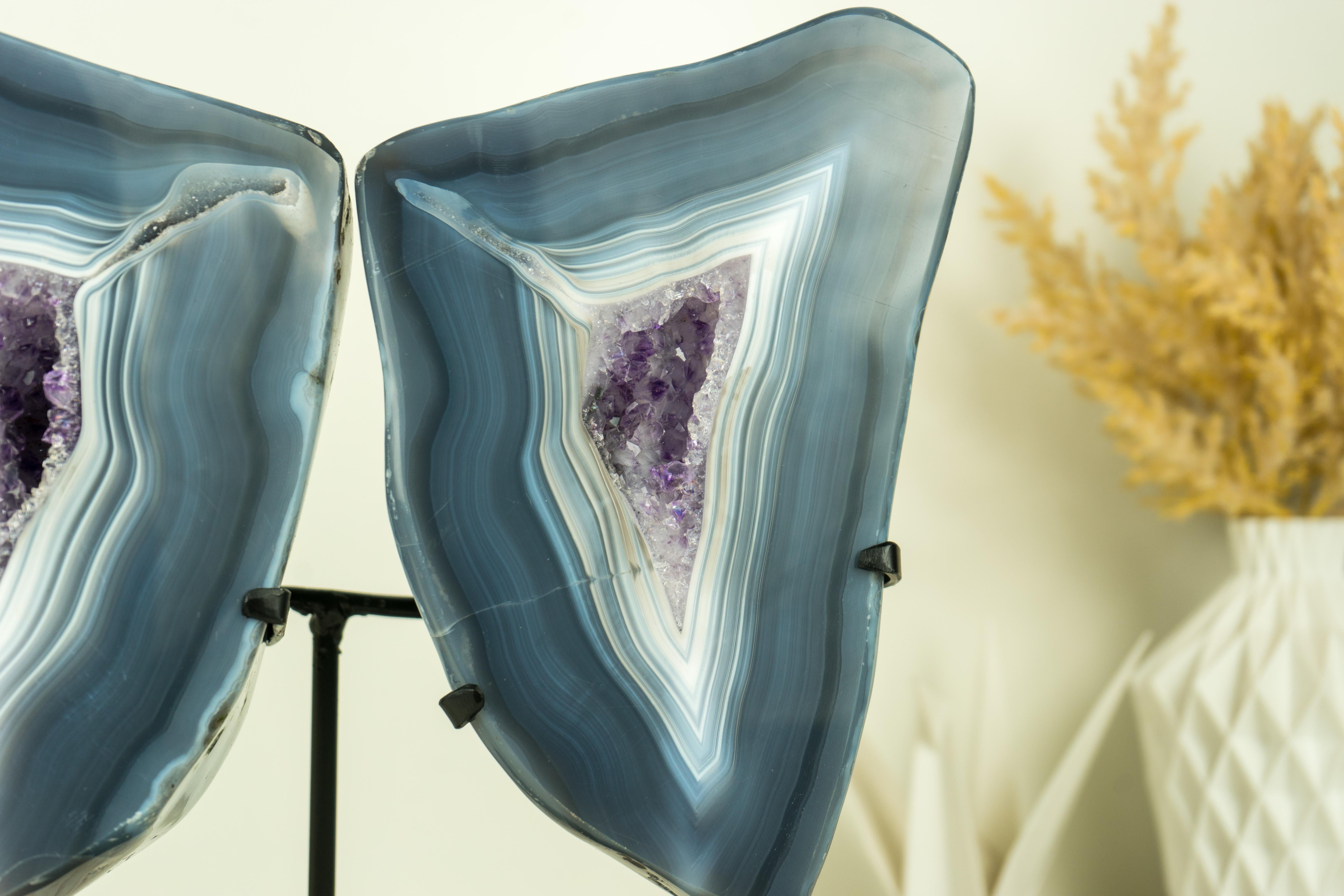 Natural Blue Lace Agate Geode Butterfly Wings with Amethyst and Landscaped Back For Sale 2