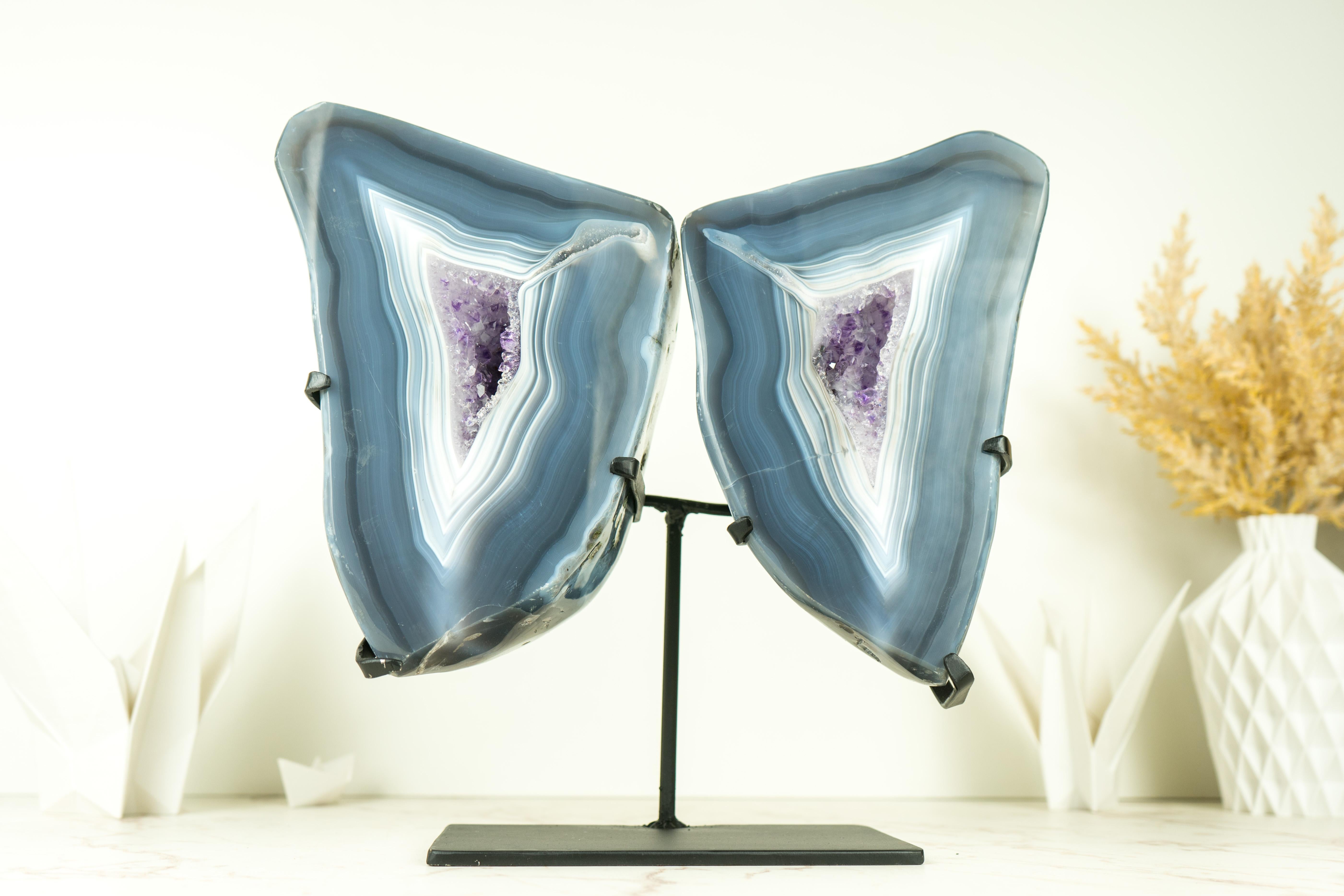 Natural Blue Lace Agate Geode Butterfly Wings with Amethyst and Landscaped Back For Sale 3