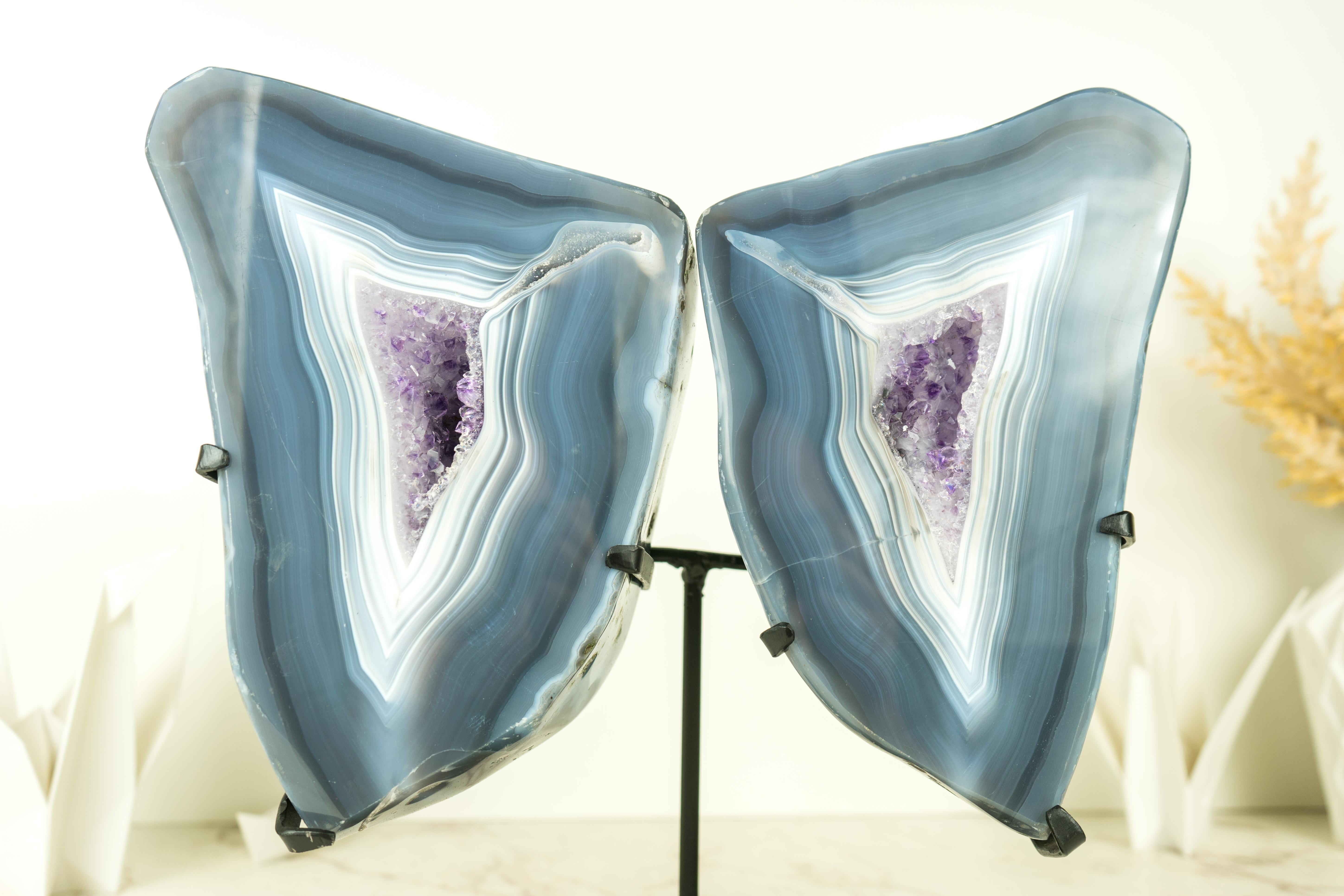 Natural Blue Lace Agate Geode Butterfly Wings with Amethyst and Landscaped Back For Sale 4