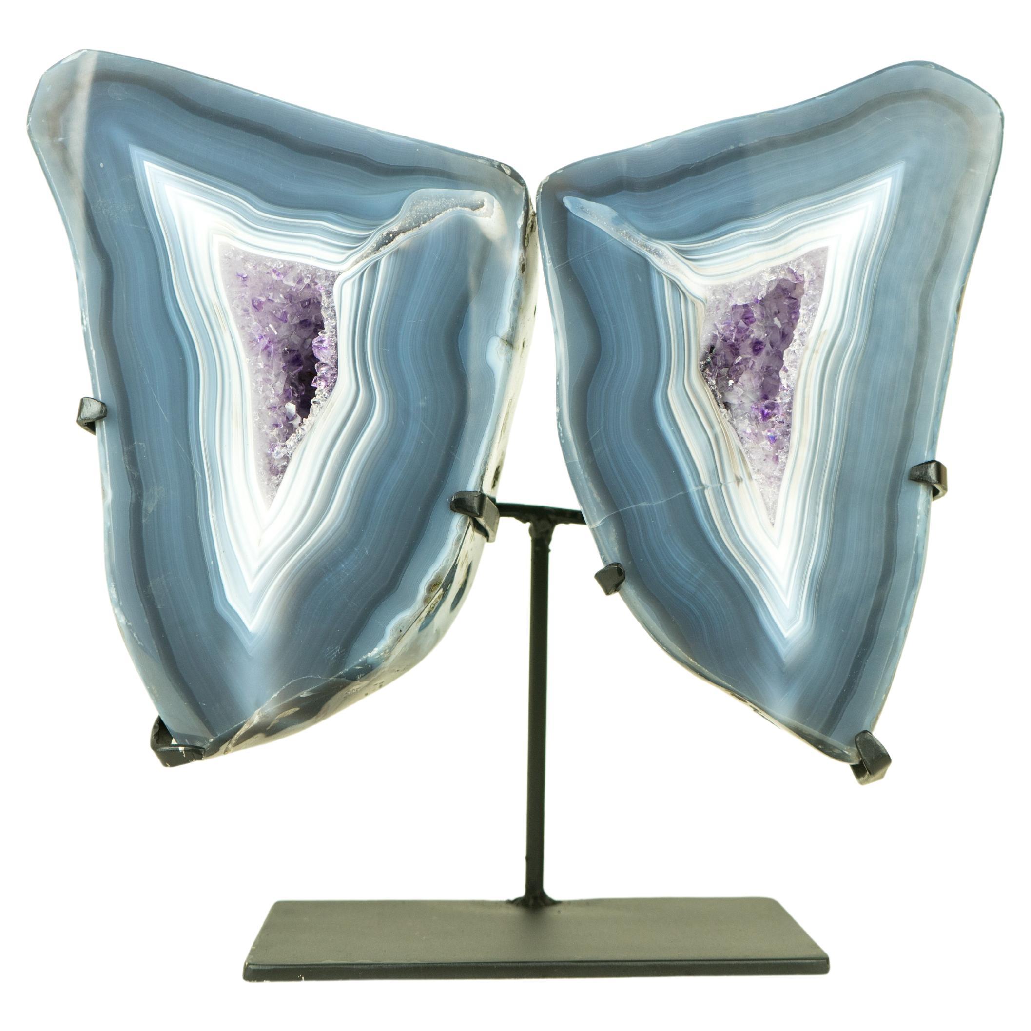 Natural Blue Lace Agate Geode Butterfly Wings with Amethyst and Landscaped Back For Sale