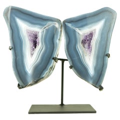 Natural Blue Lace Agate Geode Butterfly Wings with Amethyst and Landscaped Back