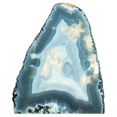 Natural Blue Lace Agate Geode Sculpture with Calcite Inclusions