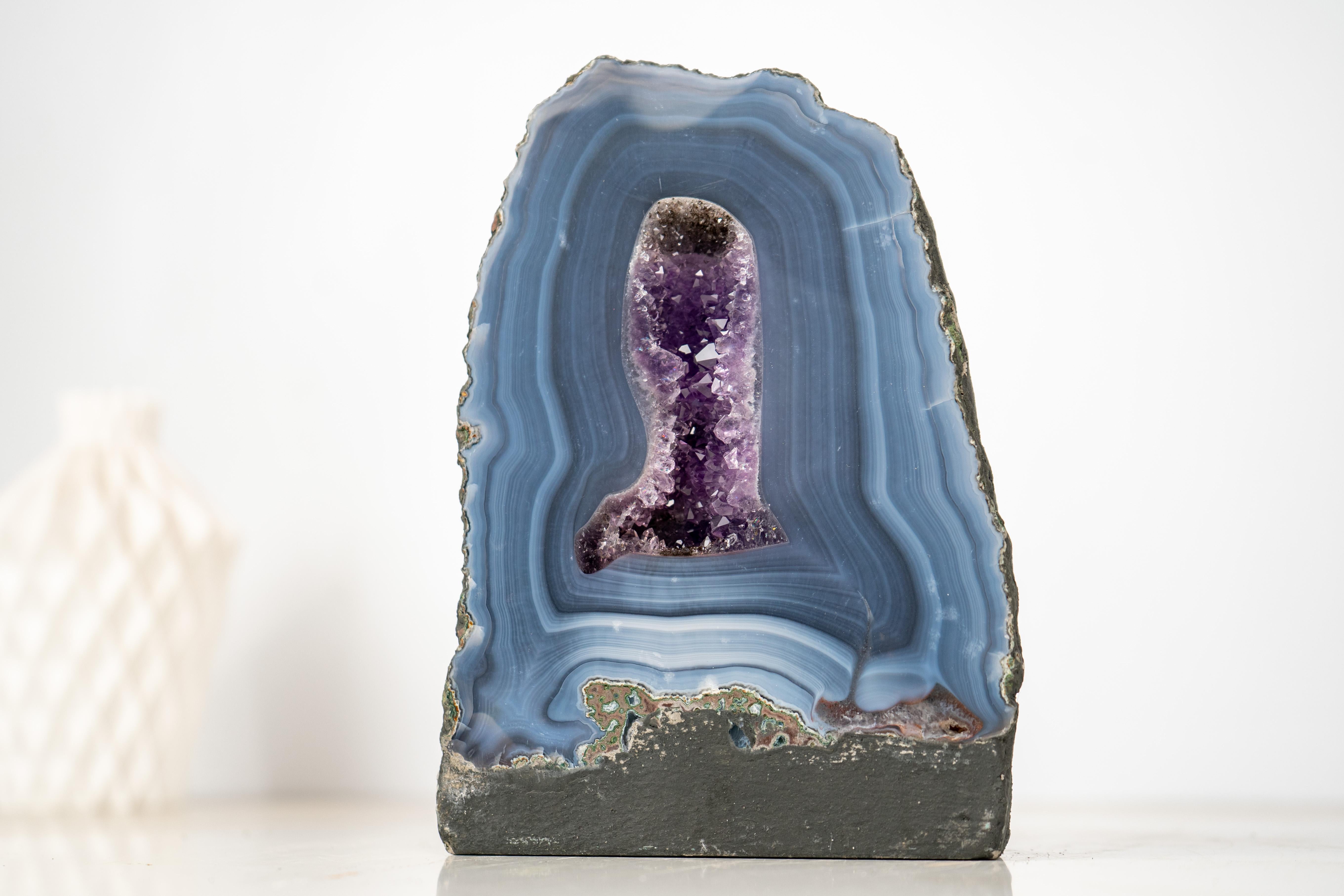 Brazilian Natural Blue Lace Agate Geode Slice with Banded Pattern For Sale