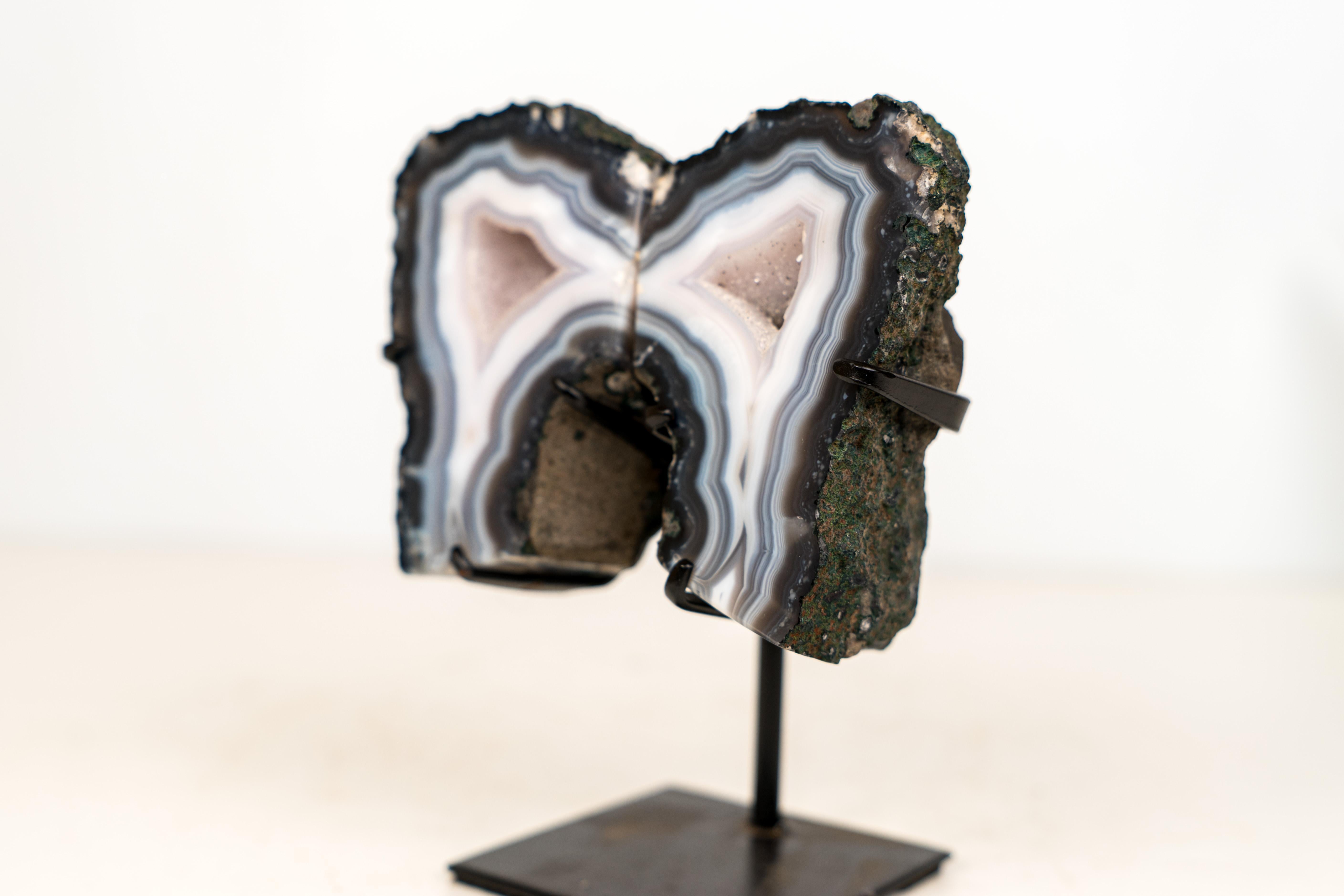 XXI secolo e contemporaneo Natural Blue Lace Agate Geode Wings with White Galaxy Druzy in vendita