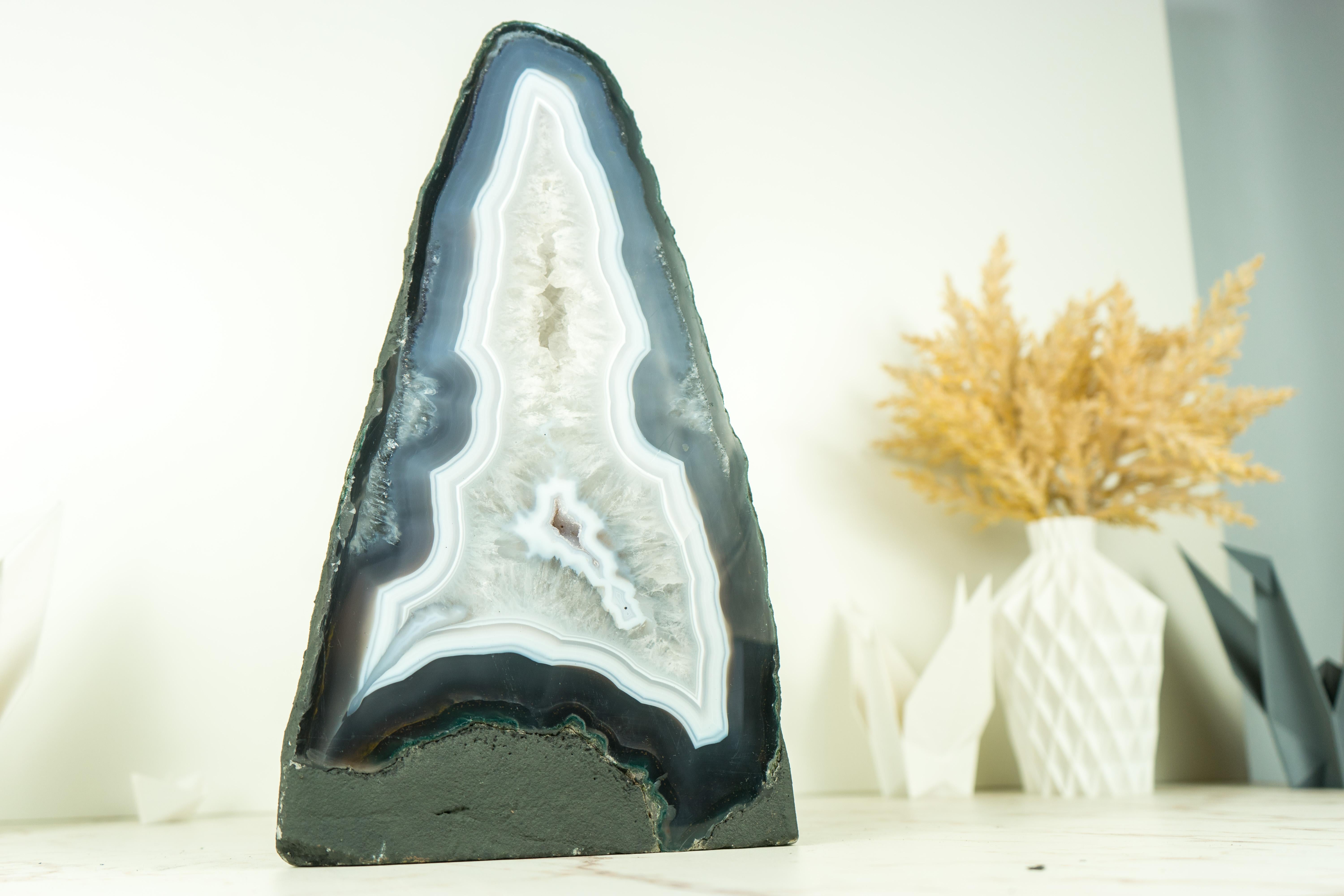 Natural Blue Lace Agate Geode with Crystal Druzy and World-Class Agate Laces For Sale 9