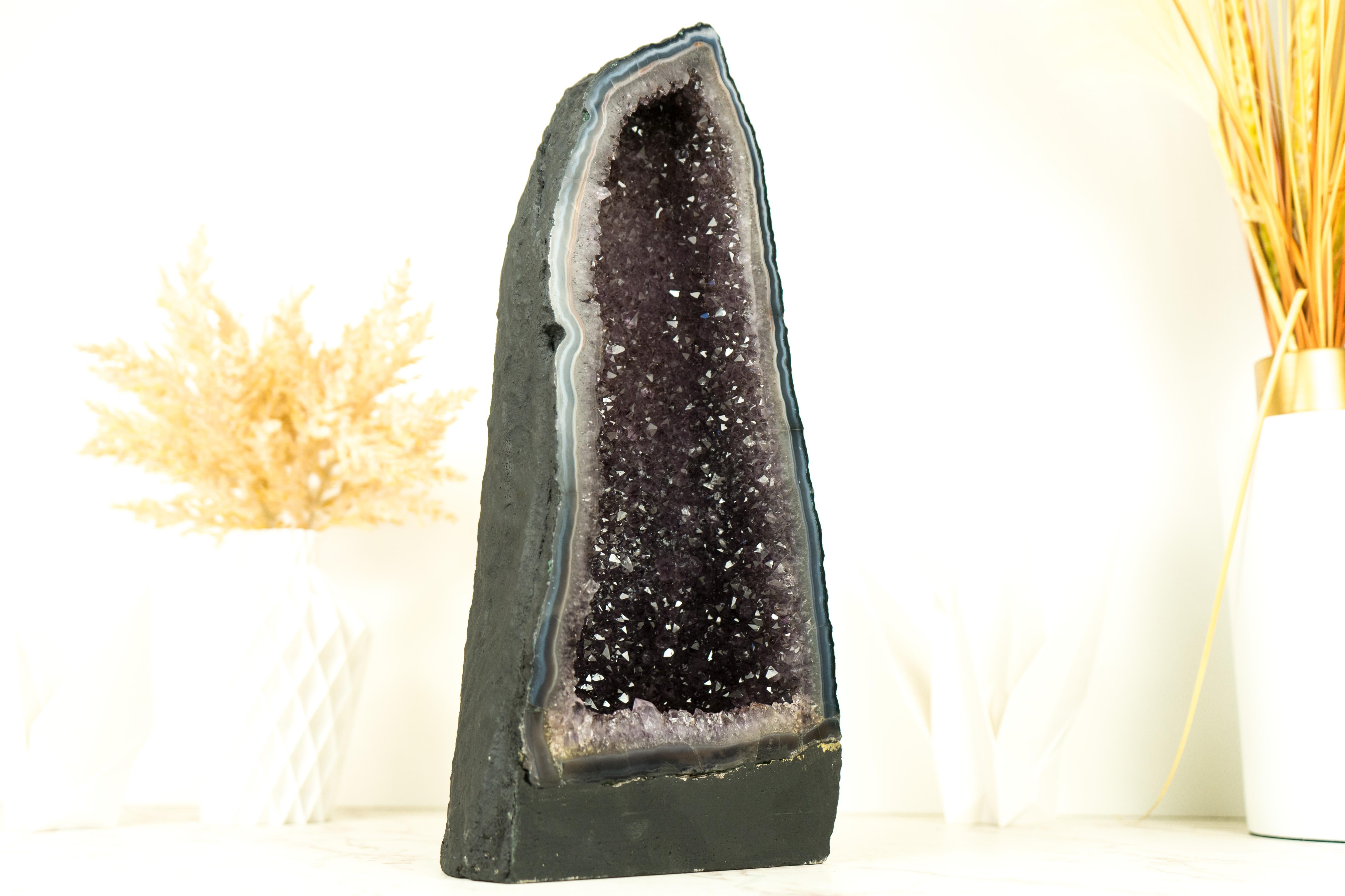 Natural Blue Lace Agate Geode with Sparkly Lavender Amethyst, Decor Centerpiece For Sale 4