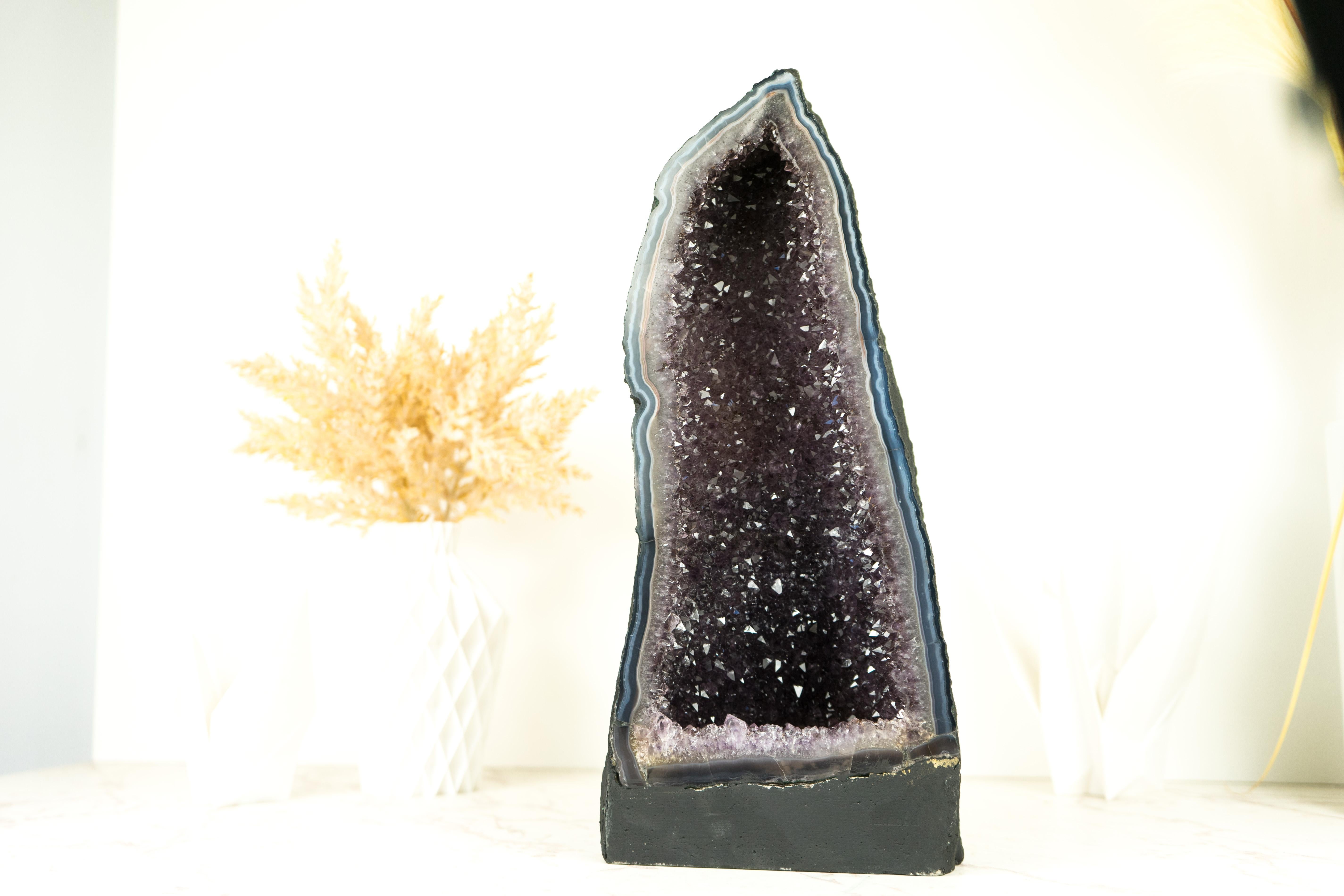 Natural Blue Lace Agate Geode with Sparkly Lavender Amethyst, Decor Centerpiece For Sale 5