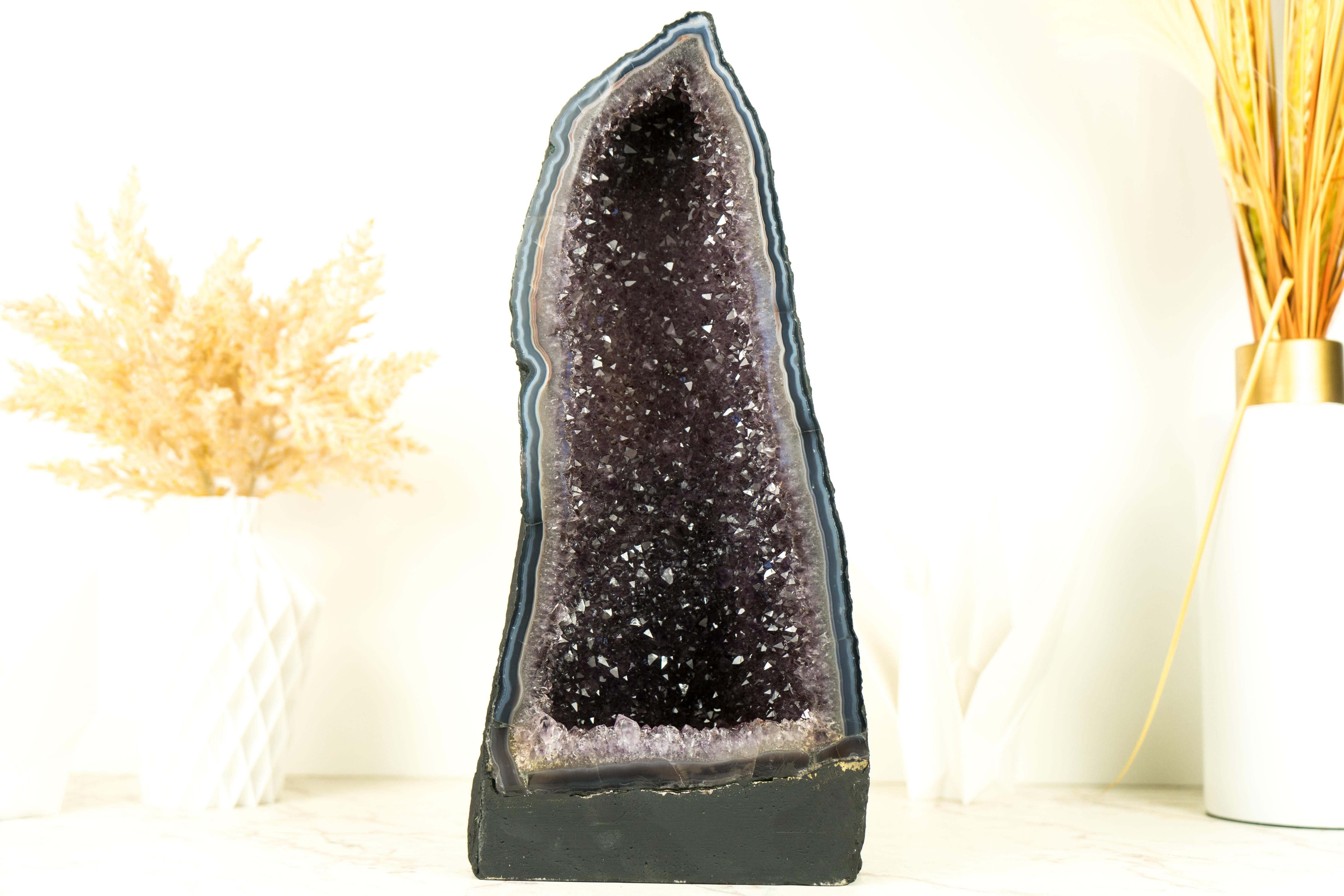 Natürlicher blauer Spitzen-Achat-Geode mit funkelndem lavendelfarbenem Amethyst, Deko-Tafelaufsatz im Zustand „Hervorragend“ im Angebot in Ametista Do Sul, BR
