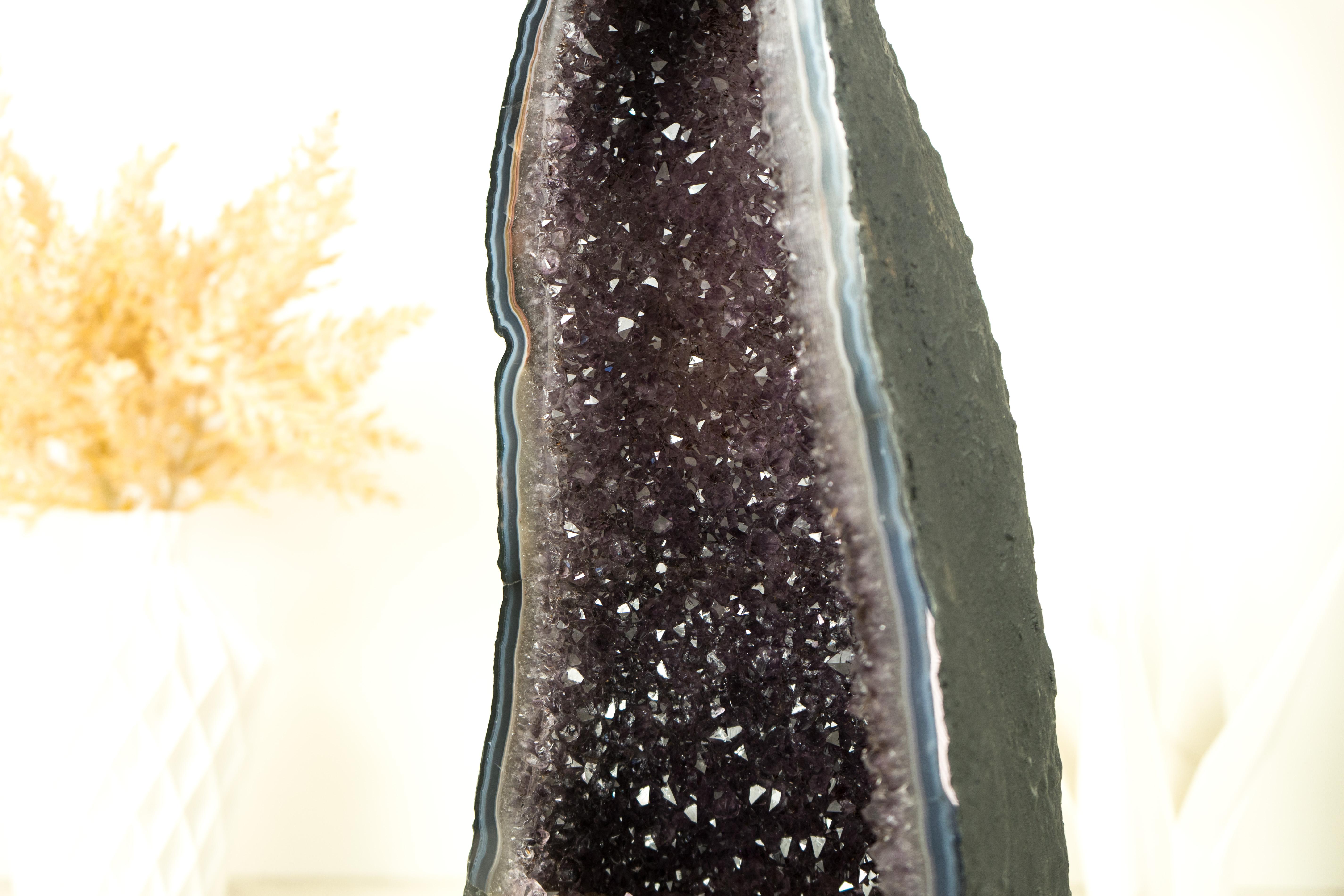 Natural Blue Lace Agate Geode with Sparkly Lavender Amethyst, Decor Centerpiece For Sale 2