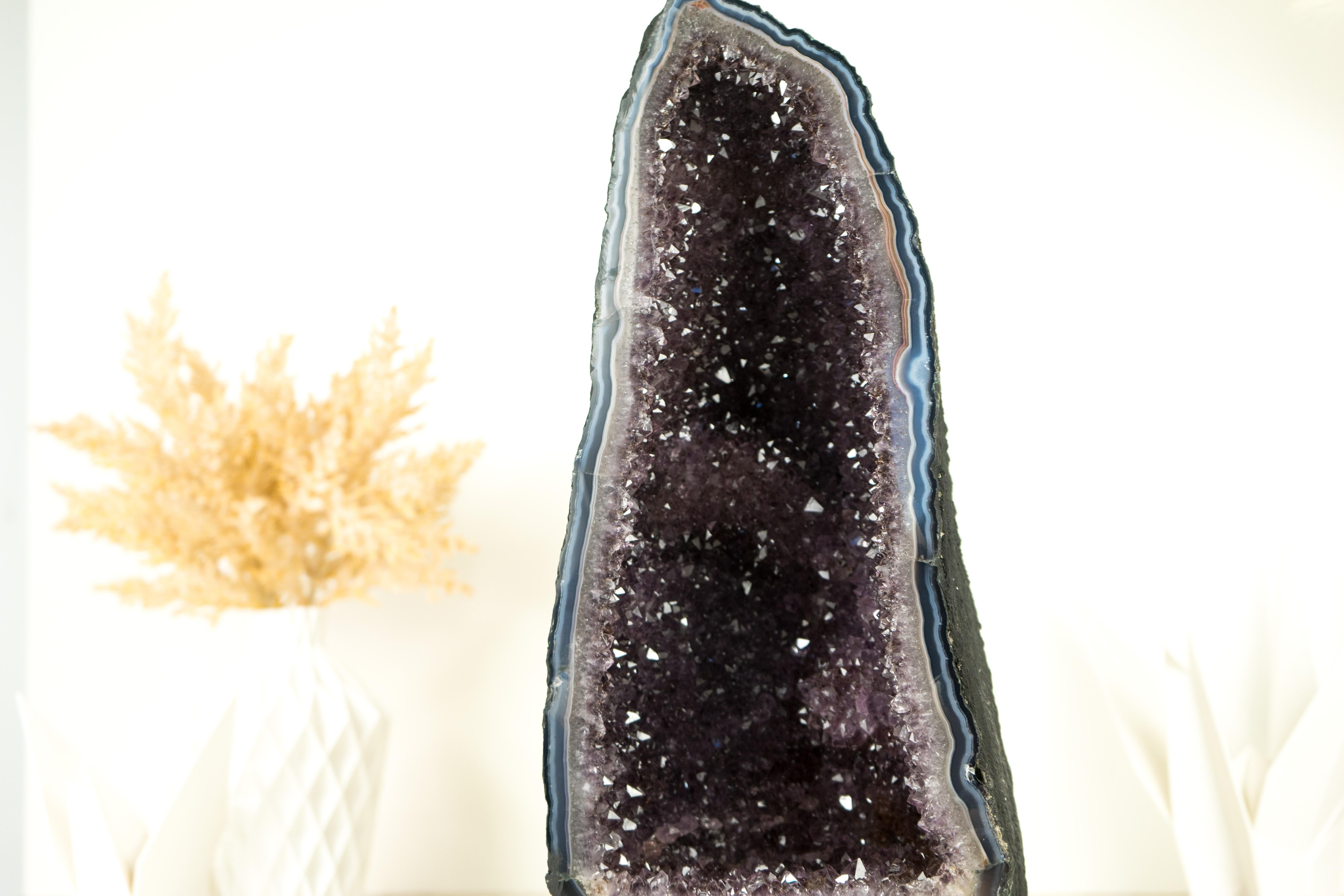 An Agate Geode that will elevate your space with its sparkly Lavender Amethyst Druzy and rare lace agate formation, this geode brings beauty and sophistication to any home or office decor, be it a table, shelf, or a special space.

The first thing