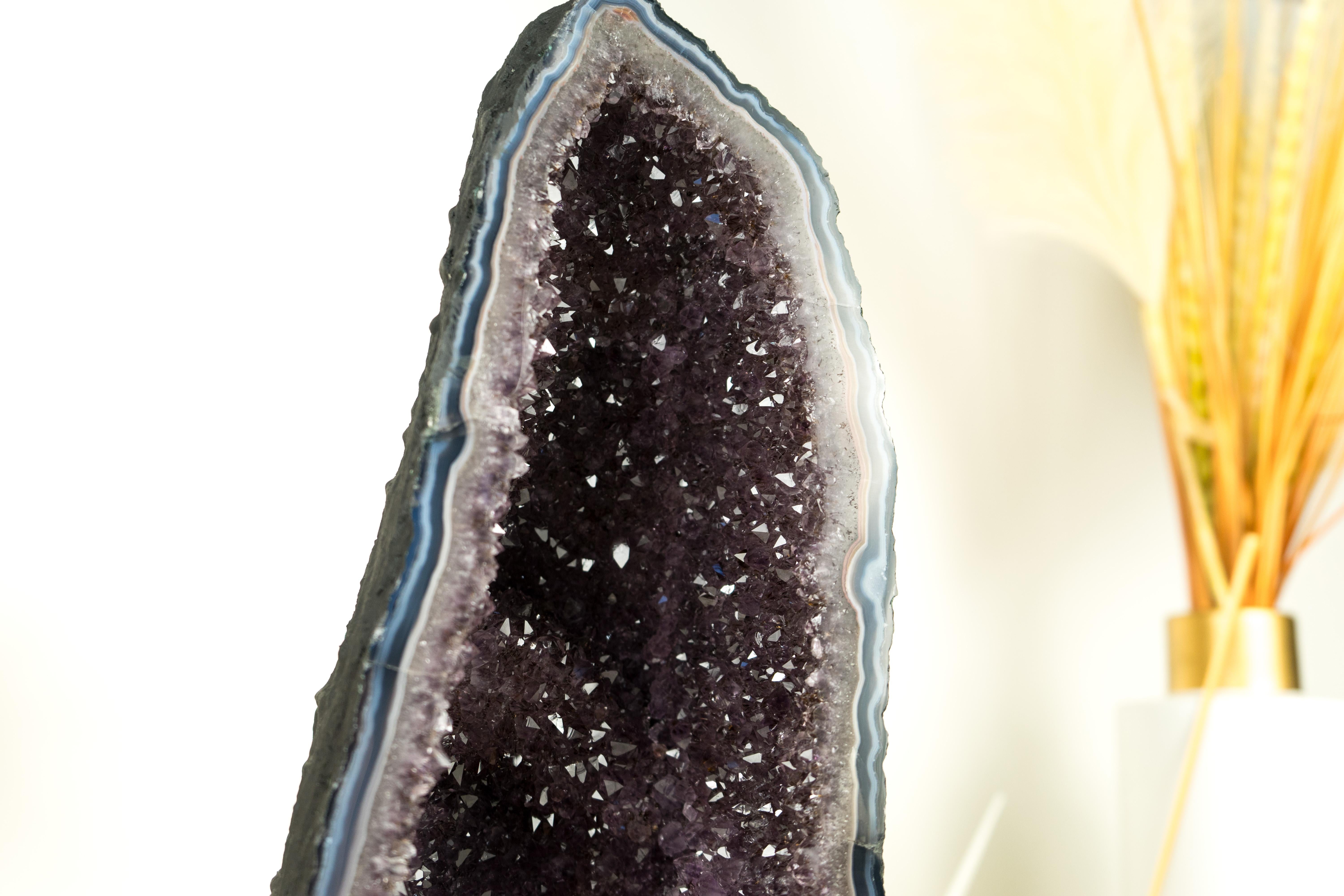 Brazilian Natural Blue Lace Agate Geode with Sparkly Lavender Amethyst For Sale