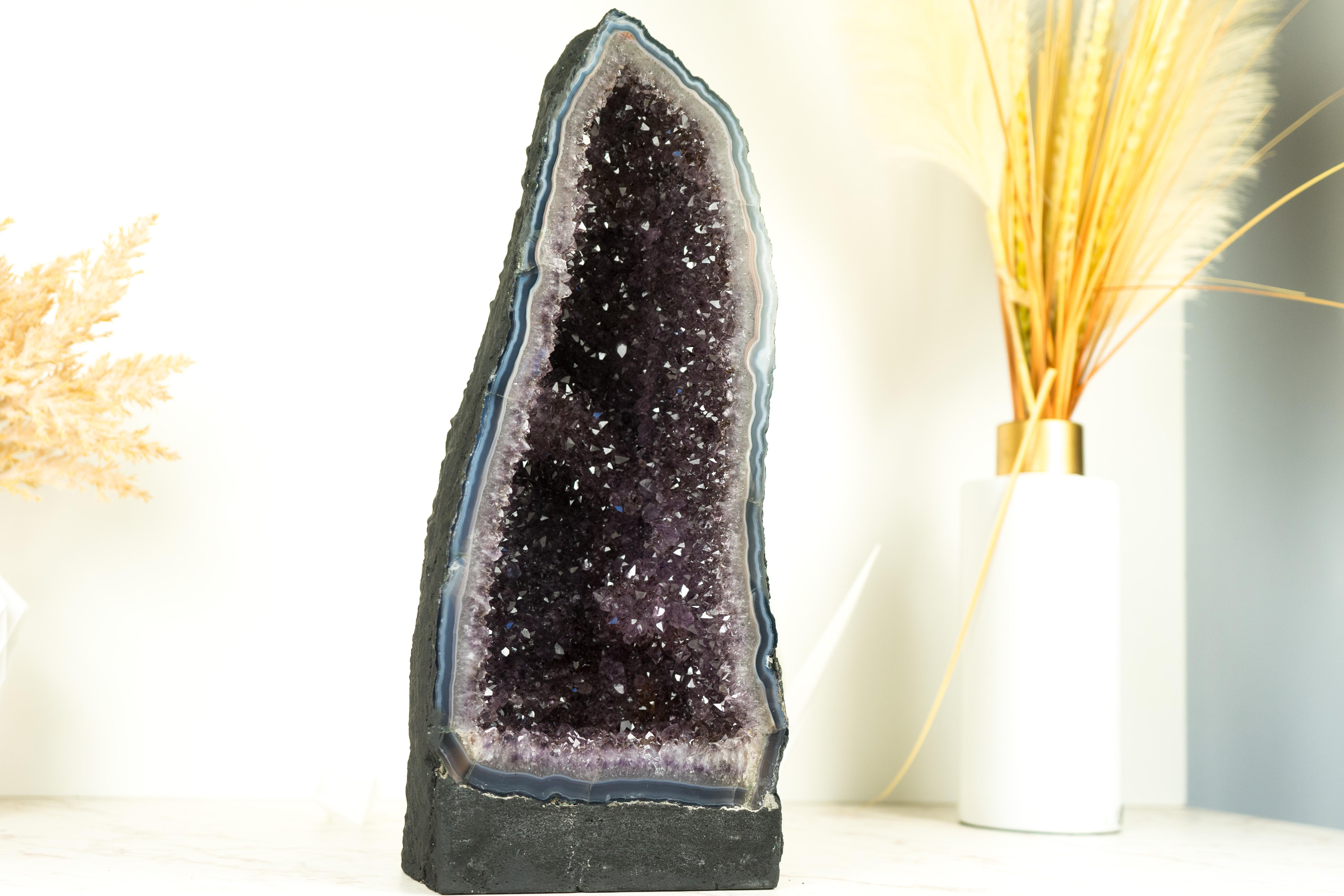 Contemporary Natural Blue Lace Agate Geode with Sparkly Lavender Amethyst For Sale