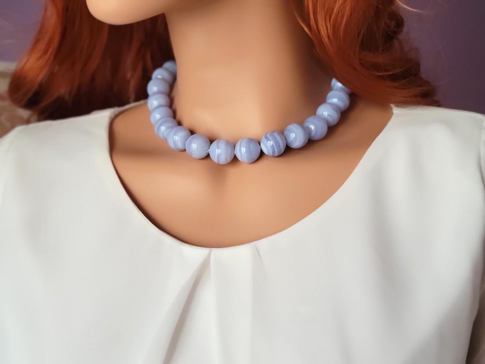 Collar de ágata encaje azul natural, cuentas redondas de 16 mm, 17,5″. Cuenta en venta