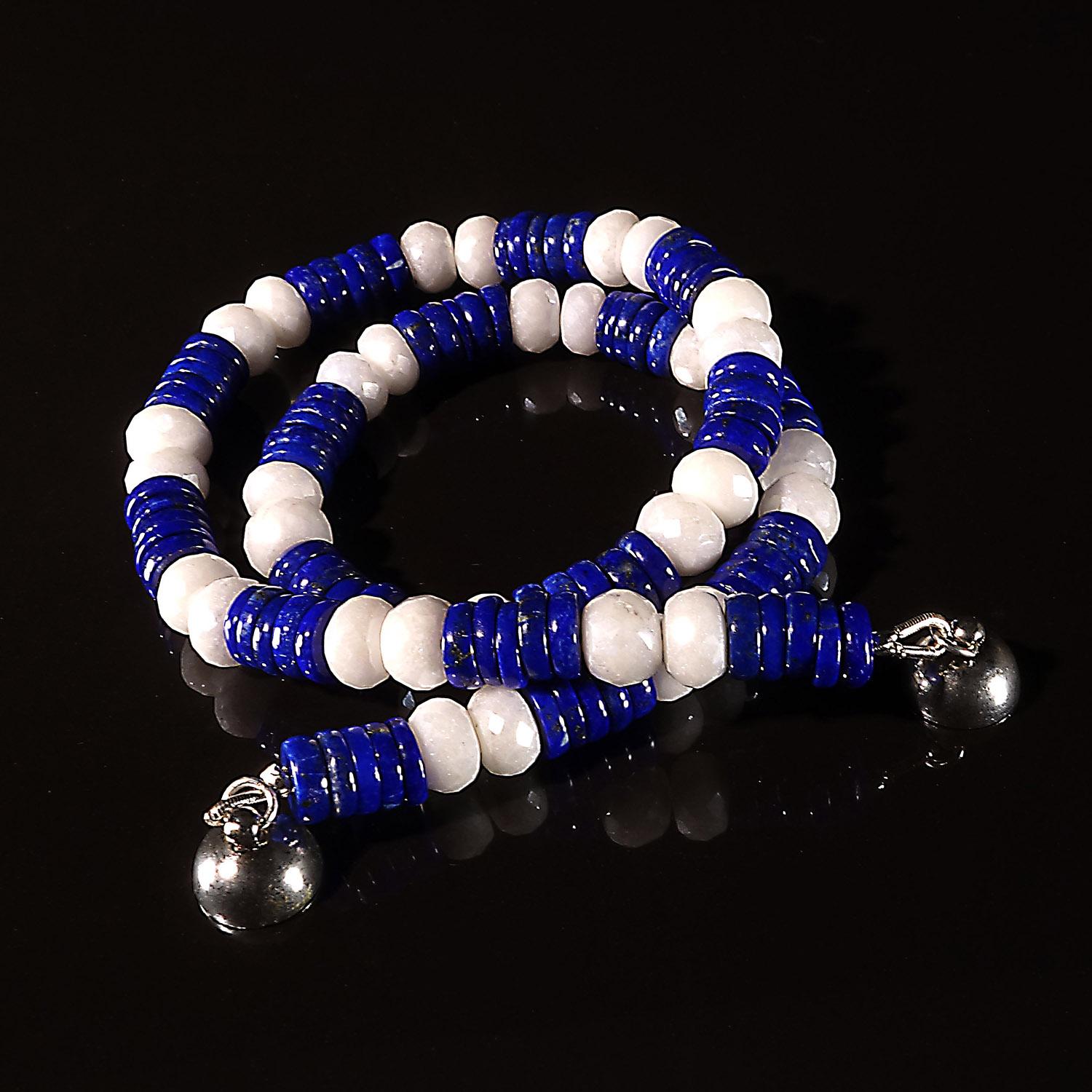 Women's or Men's Natural Blue Lapis Lazuli and White Quartz Choker Necklace